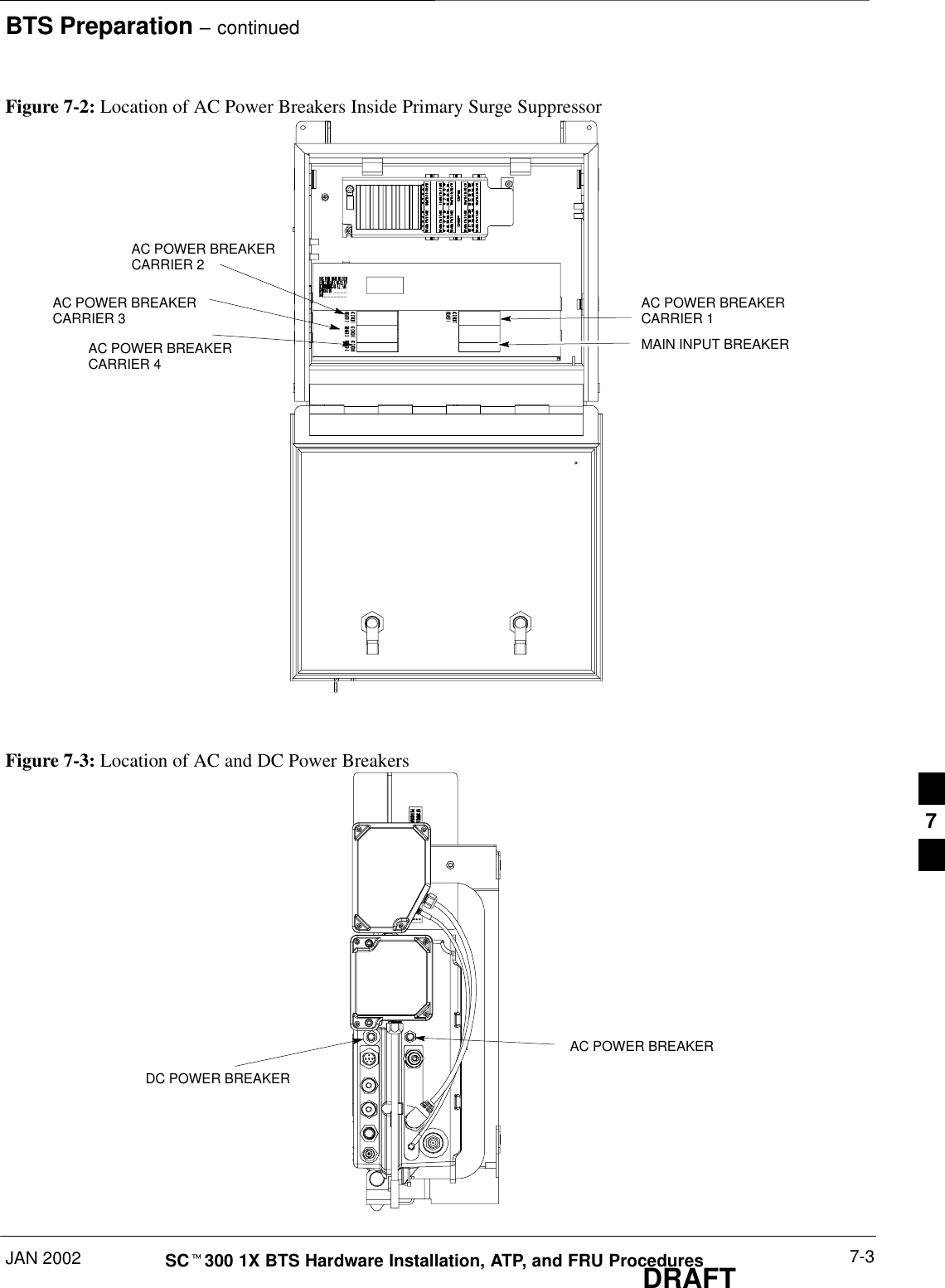 BTS Preparation – continuedJAN 2002 7-3SCt300 1X BTS Hardware Installation, ATP, and FRU ProceduresDRAFTFigure 7-2: Location of AC Power Breakers Inside Primary Surge SuppressorAC POWER BREAKERCARRIER 1AC POWER BREAKERCARRIER 2AC POWER BREAKERCARRIER 3AC POWER BREAKERCARRIER 4MAIN INPUT BREAKERFigure 7-3: Location of AC and DC Power BreakersAC POWER BREAKERDC POWER BREAKER7