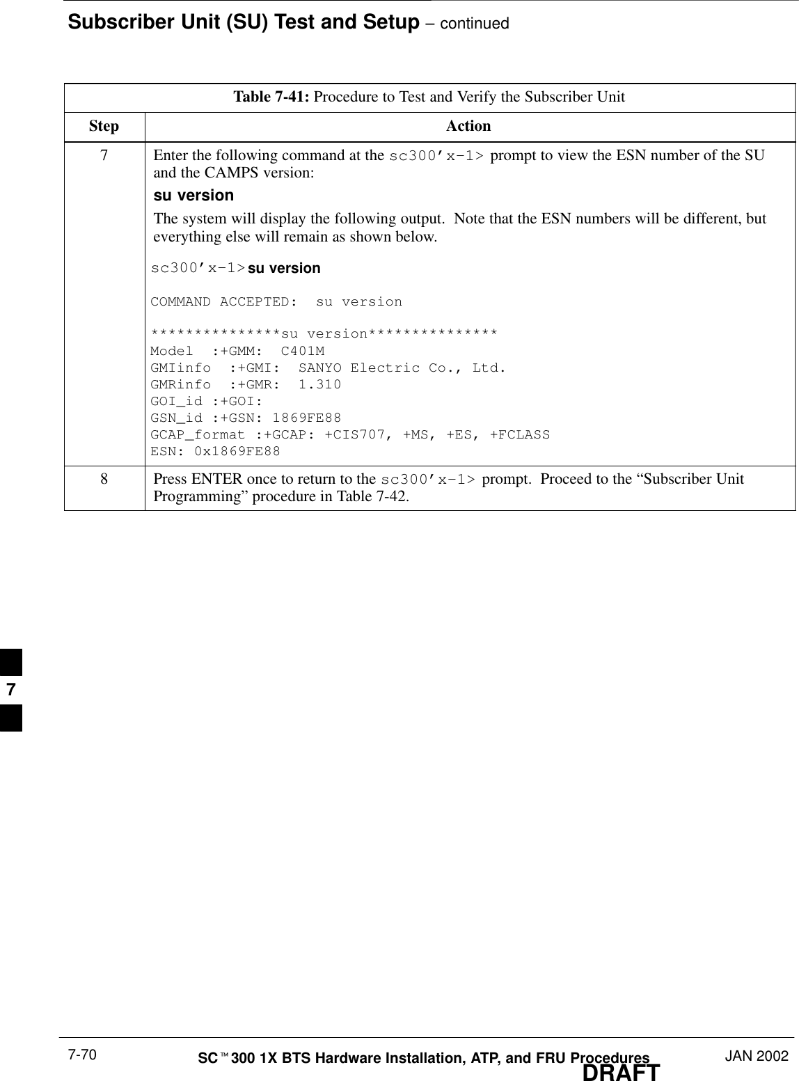 Subscriber Unit (SU) Test and Setup – continuedDRAFTSCt300 1X BTS Hardware Installation, ATP, and FRU Procedures JAN 20027-70Table 7-41: Procedure to Test and Verify the Subscriber UnitStep Action7Enter the following command at the sc300’x–1&gt; prompt to view the ESN number of the SUand the CAMPS version:su versionThe system will display the following output.  Note that the ESN numbers will be different, buteverything else will remain as shown below.sc300’x–1&gt;su versionCOMMAND ACCEPTED:  su version***************su version***************Model  :+GMM:  C401MGMIinfo  :+GMI:  SANYO Electric Co., Ltd.GMRinfo  :+GMR:  1.310GOI_id :+GOI:GSN_id :+GSN: 1869FE88GCAP_format :+GCAP: +CIS707, +MS, +ES, +FCLASSESN: 0x1869FE888Press ENTER once to return to the sc300’x–1&gt; prompt.  Proceed to the “Subscriber UnitProgramming” procedure in Table 7-42.7