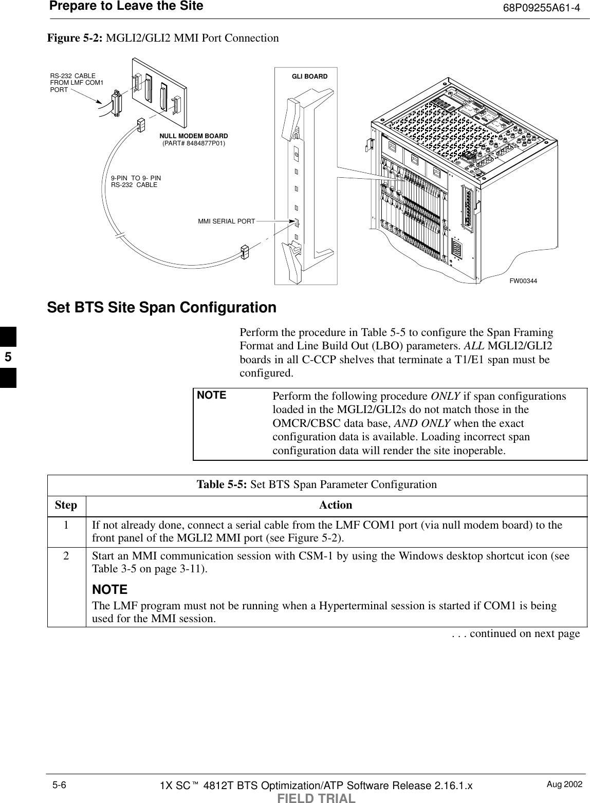 Prepare to Leave the Site 68P09255A61-4Aug 20021X SCt 4812T BTS Optimization/ATP Software Release 2.16.1.xFIELD TRIAL5-6Figure 5-2: MGLI2/GLI2 MMI Port ConnectionFW003449-PIN  TO 9- PINRS-232 CABLENULL MODEM BOARD(PART# 8484877P01)RS-232 CABLE FROM LMF COM1PORTMMI SERIAL PORTGLI BOARDSet BTS Site Span ConfigurationPerform the procedure in Table 5-5 to configure the Span FramingFormat and Line Build Out (LBO) parameters. ALL MGLI2/GLI2boards in all C-CCP shelves that terminate a T1/E1 span must beconfigured.NOTE Perform the following procedure ONLY if span configurationsloaded in the MGLI2/GLI2s do not match those in theOMCR/CBSC data base, AND ONLY when the exactconfiguration data is available. Loading incorrect spanconfiguration data will render the site inoperable.Table 5-5: Set BTS Span Parameter ConfigurationStep Action1If not already done, connect a serial cable from the LMF COM1 port (via null modem board) to thefront panel of the MGLI2 MMI port (see Figure 5-2).2Start an MMI communication session with CSM-1 by using the Windows desktop shortcut icon (seeTable 3-5 on page 3-11).NOTEThe LMF program must not be running when a Hyperterminal session is started if COM1 is beingused for the MMI session.. . . continued on next page5