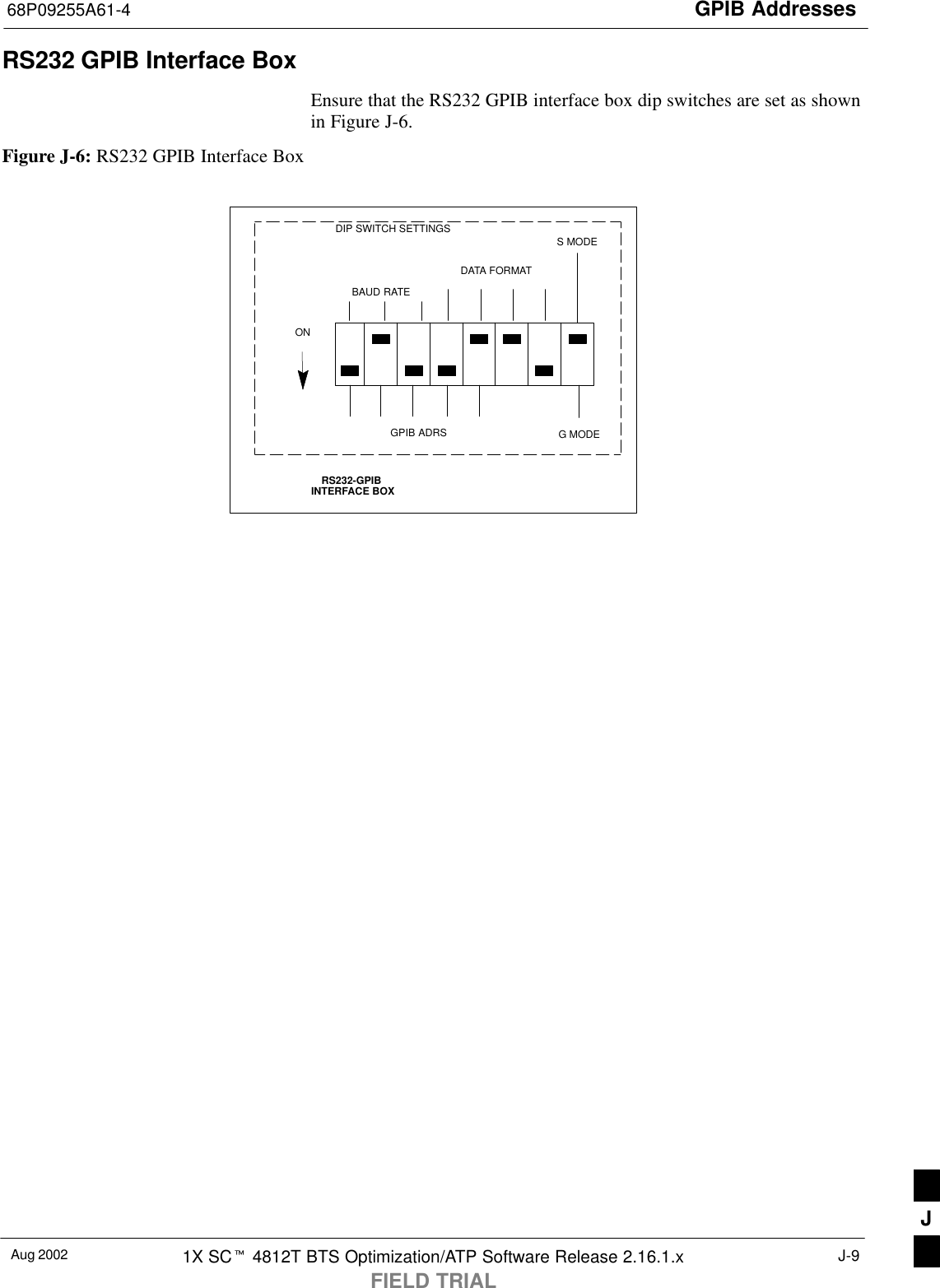 GPIB Addresses68P09255A61-4Aug 2002 1X SCt 4812T BTS Optimization/ATP Software Release 2.16.1.xFIELD TRIALJ-9RS232 GPIB Interface BoxEnsure that the RS232 GPIB interface box dip switches are set as shownin Figure J-6.Figure J-6: RS232 GPIB Interface BoxRS232-GPIBINTERFACE BOXS MODEDATA FORMATBAUD RATEGPIB ADRSONDIP SWITCH SETTINGSG MODEJ