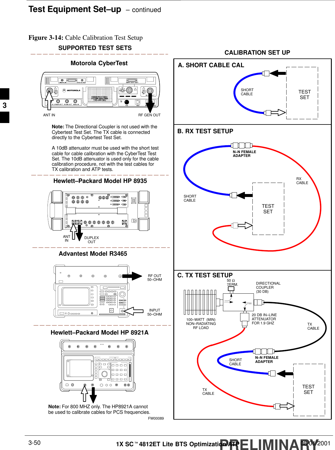 Test Equipment Set–up  – continuedPRELIMINARY1X SCt4812ET Lite BTS Optimization/ATP 08/01/20013-50Motorola CyberTestHewlett–Packard Model HP 8935Advantest Model R3465DUPLEXOUTRF OUT50–OHMINPUT50–OHMRF GEN OUTANT INANTINSUPPORTED TEST SETS100–WATT  (MIN)NON–RADIATINGRF LOADTESTSETA. SHORT CABLE CALSHORTCABLEB. RX TEST SETUPTESTSETC. TX TEST SETUP20 DB IN–LINEATTENUATORFOR 1.9 GHZCALIBRATION SET UPN–N FEMALEADAPTERTXCABLETXCABLESHORTCABLENote: The Directional Coupler is not used with theCybertest Test Set. The TX cable is connecteddirectly to the Cybertest Test Set.A 10dB attenuator must be used with the short testcable for cable calibration with the CyberTest TestSet. The 10dB attenuator is used only for the cablecalibration procedure, not with the test cables forTX calibration and ATP tests.TESTSETRXCABLESHORTCABLEFigure 3-14: Cable Calibration Test SetupFW00089Note: For 800 MHZ only. The HP8921A cannotbe used to calibrate cables for PCS frequencies.Hewlett–Packard Model HP 8921ADIRECTIONALCOUPLER (30 DB)N–N FEMALEADAPTER50 ΩΤERM.3