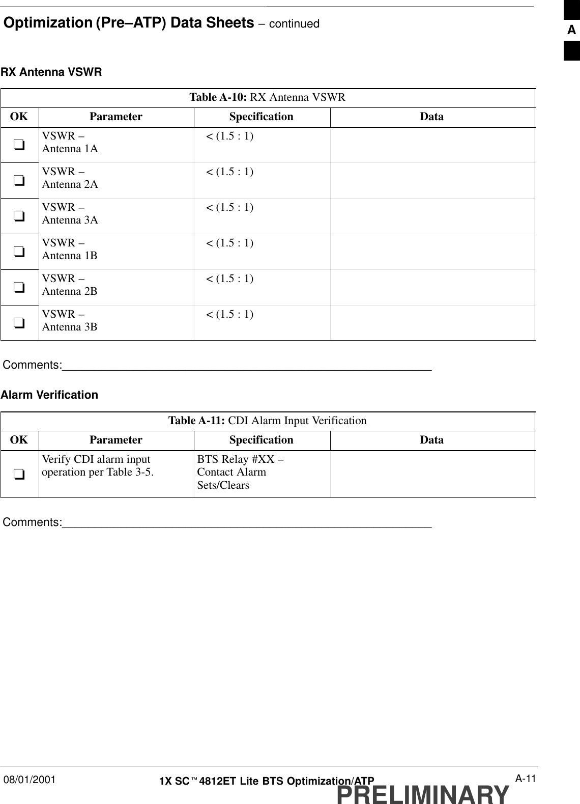 Optimization (Pre–ATP) Data Sheets – continued08/01/2001 A-111X SCt4812ET Lite BTS Optimization/ATPPRELIMINARYRX Antenna VSWRTable A-10: RX Antenna VSWROK Parameter Specification Data-VSWR – Antenna 1A    &lt; (1.5 : 1)-VSWR –Antenna 2A    &lt; (1.5 : 1)-VSWR –Antenna 3A    &lt; (1.5 : 1)-VSWR –Antenna 1B    &lt; (1.5 : 1)-VSWR –Antenna 2B    &lt; (1.5 : 1)-VSWR –Antenna 3B    &lt; (1.5 : 1)Comments:_________________________________________________________Alarm VerificationTable A-11: CDI Alarm Input VerificationOK Parameter Specification Data-Verify CDI alarm inputoperation per Table 3-5. BTS Relay #XX –Contact AlarmSets/ClearsComments:_________________________________________________________A