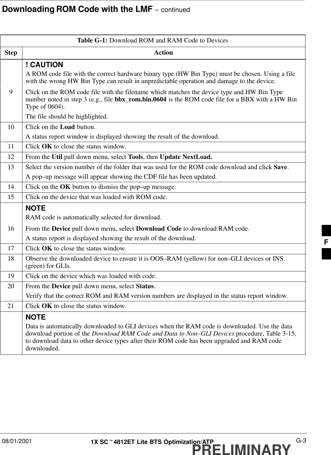 Downloading ROM Code with the LMF – continued08/01/2001 G-31X SCt4812ET Lite BTS Optimization/ATPPRELIMINARYTable G-1: Download ROM and RAM Code to DevicesStep Action! CAUTIONA ROM code file with the correct hardware binary type (HW Bin Type) must be chosen. Using a filewith the wrong HW Bin Type can result in unpredictable operation and damage to the device.9Click on the ROM code file with the filename which matches the device type and HW Bin Typenumber noted in step 3 (e.g., file bbx_rom.bin.0604 is the ROM code file for a BBX with a HW BinType of 0604).The file should be highlighted.10 Click on the Load button.A status report window is displayed showing the result of the download.11 Click OK to close the status window.12 From the Util pull down menu, select Tools, then Update NextLoad.13 Select the version number of the folder that was used for the ROM code download and click Save.A pop–up message will appear showing the CDF file has been updated.14 Click on the OK button to dismiss the pop–up message.15 Click on the device that was loaded with ROM code.NOTERAM code is automatically selected for download.16 From the Device pull down menu, select Download Code to download RAM code.A status report is displayed showing the result of the download.17 Click OK to close the status window.18 Observe the downloaded device to ensure it is OOS–RAM (yellow) for non–GLI devices or INS(green) for GLIs.19 Click on the device which was loaded with code.20 From the Device pull down menu, select Status.Verify that the correct ROM and RAM version numbers are displayed in the status report window.21 Click OK to close the status window.NOTEData is automatically downloaded to GLI devices when the RAM code is downloaded. Use the datadownload portion of the Download RAM Code and Data to Non–GLI Devices procedure, Table 3-15,to download data to other device types after their ROM code has been upgraded and RAM codedownloaded. F