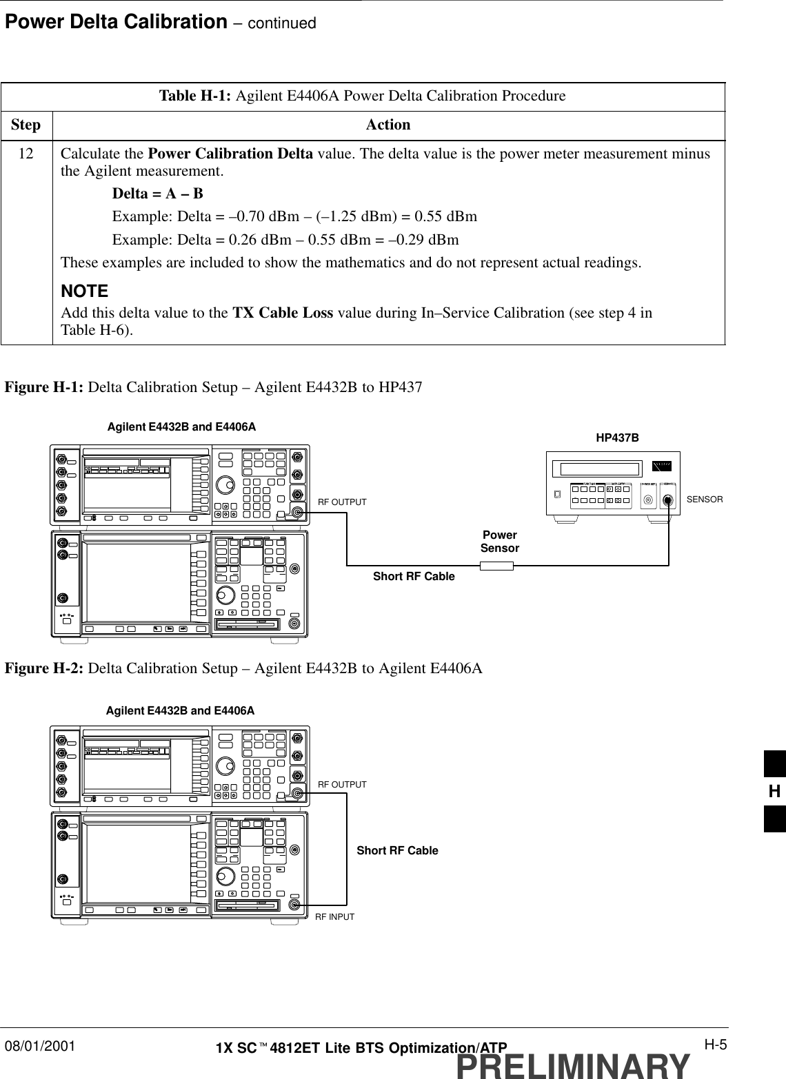 Power Delta Calibration – continued08/01/2001 H-51X SCt4812ET Lite BTS Optimization/ATPPRELIMINARYTable H-1: Agilent E4406A Power Delta Calibration ProcedureStep Action12 Calculate the Power Calibration Delta value. The delta value is the power meter measurement minusthe Agilent measurement.Delta = A – BExample: Delta = –0.70 dBm – (–1.25 dBm) = 0.55 dBmExample: Delta = 0.26 dBm – 0.55 dBm = –0.29 dBmThese examples are included to show the mathematics and do not represent actual readings.NOTEAdd this delta value to the TX Cable Loss value during In–Service Calibration (see step 4 inTable H-6). Figure H-1: Delta Calibration Setup – Agilent E4432B to HP437PowerSensorAgilent E4432B and E4406AShort RF CableHP437BSENSORRF OUTPUTFigure H-2: Delta Calibration Setup – Agilent E4432B to Agilent E4406AShort RF CableRF INPUTAgilent E4432B and E4406ARF OUTPUT H