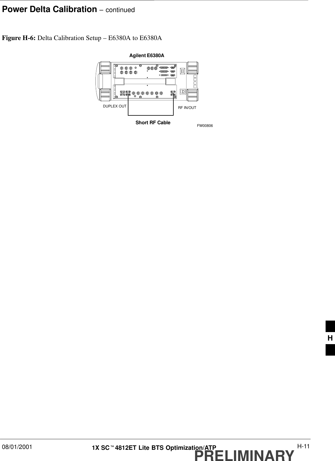 Power Delta Calibration – continued08/01/2001 H-111X SCt4812ET Lite BTS Optimization/ATPPRELIMINARYFigure H-6: Delta Calibration Setup – E6380A to E6380AAgilent E6380AShort RF CableDUPLEX OUT RF IN/OUTFW00806H
