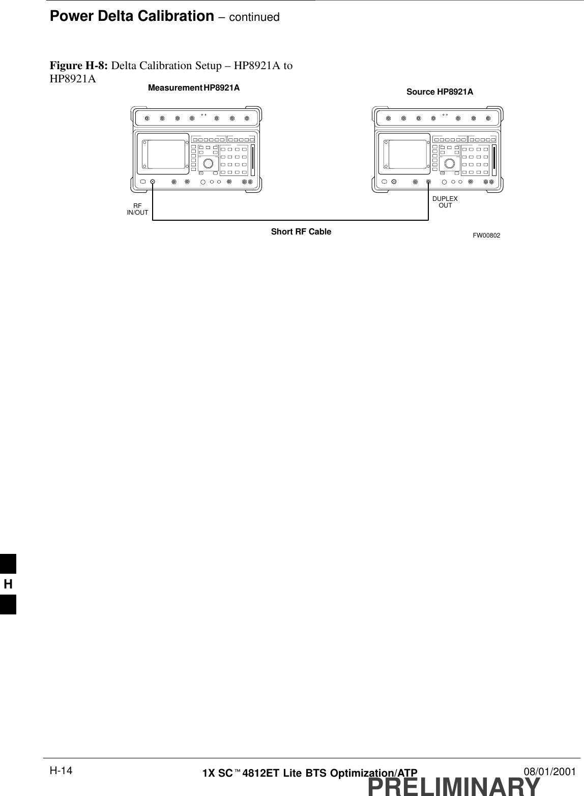 Power Delta Calibration – continuedPRELIMINARY1X SCt4812ET Lite BTS Optimization/ATP 08/01/2001H-14Figure H-8: Delta Calibration Setup – HP8921A toHP8921A Measurement HP8921A Source HP8921AShort RF CableDUPLEXOUTRFIN/OUTFW00802H