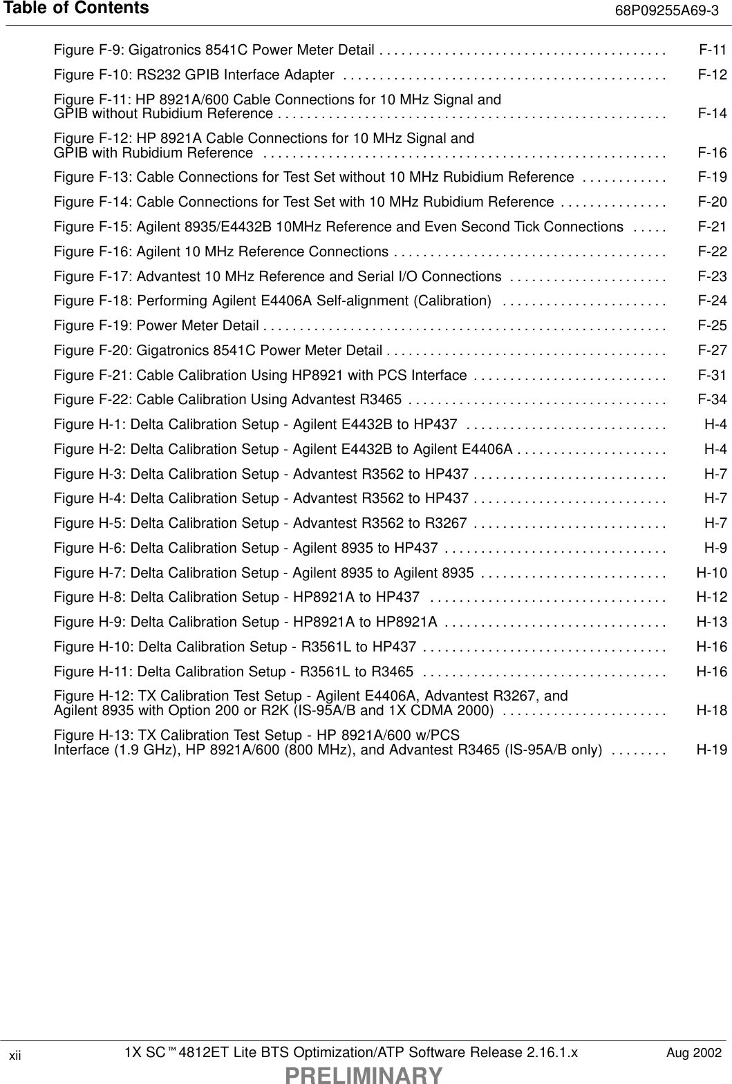 Table of Contents 68P09255A69-31X SCt4812ET Lite BTS Optimization/ATP Software Release 2.16.1.xPRELIMINARYxii Aug 2002Figure F-9: Gigatronics 8541C Power Meter Detail F-11. . . . . . . . . . . . . . . . . . . . . . . . . . . . . . . . . . . . . . . . Figure F-10: RS232 GPIB Interface Adapter F-12. . . . . . . . . . . . . . . . . . . . . . . . . . . . . . . . . . . . . . . . . . . . . Figure F-11: HP 8921A/600 Cable Connections for 10 MHz Signal andGPIB without Rubidium Reference F-14. . . . . . . . . . . . . . . . . . . . . . . . . . . . . . . . . . . . . . . . . . . . . . . . . . . . . . Figure F-12: HP 8921A Cable Connections for 10 MHz Signal andGPIB with Rubidium Reference F-16. . . . . . . . . . . . . . . . . . . . . . . . . . . . . . . . . . . . . . . . . . . . . . . . . . . . . . . . Figure F-13: Cable Connections for Test Set without 10 MHz Rubidium Reference F-19. . . . . . . . . . . . Figure F-14: Cable Connections for Test Set with 10 MHz Rubidium Reference F-20. . . . . . . . . . . . . . . Figure F-15: Agilent 8935/E4432B 10MHz Reference and Even Second Tick Connections F-21. . . . . Figure F-16: Agilent 10 MHz Reference Connections F-22. . . . . . . . . . . . . . . . . . . . . . . . . . . . . . . . . . . . . . Figure F-17: Advantest 10 MHz Reference and Serial I/O Connections F-23. . . . . . . . . . . . . . . . . . . . . . Figure F-18: Performing Agilent E4406A Self-alignment (Calibration) F-24. . . . . . . . . . . . . . . . . . . . . . . Figure F-19: Power Meter Detail F-25. . . . . . . . . . . . . . . . . . . . . . . . . . . . . . . . . . . . . . . . . . . . . . . . . . . . . . . . Figure F-20: Gigatronics 8541C Power Meter Detail F-27. . . . . . . . . . . . . . . . . . . . . . . . . . . . . . . . . . . . . . . Figure F-21: Cable Calibration Using HP8921 with PCS Interface F-31. . . . . . . . . . . . . . . . . . . . . . . . . . . Figure F-22: Cable Calibration Using Advantest R3465 F-34. . . . . . . . . . . . . . . . . . . . . . . . . . . . . . . . . . . . Figure H-1: Delta Calibration Setup - Agilent E4432B to HP437 H-4. . . . . . . . . . . . . . . . . . . . . . . . . . . . Figure H-2: Delta Calibration Setup - Agilent E4432B to Agilent E4406A H-4. . . . . . . . . . . . . . . . . . . . . Figure H-3: Delta Calibration Setup - Advantest R3562 to HP437 H-7. . . . . . . . . . . . . . . . . . . . . . . . . . . Figure H-4: Delta Calibration Setup - Advantest R3562 to HP437 H-7. . . . . . . . . . . . . . . . . . . . . . . . . . . Figure H-5: Delta Calibration Setup - Advantest R3562 to R3267 H-7. . . . . . . . . . . . . . . . . . . . . . . . . . . Figure H-6: Delta Calibration Setup - Agilent 8935 to HP437 H-9. . . . . . . . . . . . . . . . . . . . . . . . . . . . . . . Figure H-7: Delta Calibration Setup - Agilent 8935 to Agilent 8935 H-10. . . . . . . . . . . . . . . . . . . . . . . . . . Figure H-8: Delta Calibration Setup - HP8921A to HP437 H-12. . . . . . . . . . . . . . . . . . . . . . . . . . . . . . . . . Figure H-9: Delta Calibration Setup - HP8921A to HP8921A H-13. . . . . . . . . . . . . . . . . . . . . . . . . . . . . . . Figure H-10: Delta Calibration Setup - R3561L to HP437 H-16. . . . . . . . . . . . . . . . . . . . . . . . . . . . . . . . . . Figure H-11: Delta Calibration Setup - R3561L to R3465 H-16. . . . . . . . . . . . . . . . . . . . . . . . . . . . . . . . . . Figure H-12: TX Calibration Test Setup - Agilent E4406A, Advantest R3267, andAgilent 8935 with Option 200 or R2K (IS-95A/B and 1X CDMA 2000) H-18. . . . . . . . . . . . . . . . . . . . . . . Figure H-13: TX Calibration Test Setup - HP 8921A/600 w/PCSInterface (1.9 GHz), HP 8921A/600 (800 MHz), and Advantest R3465 (IS-95A/B only) H-19. . . . . . . . 