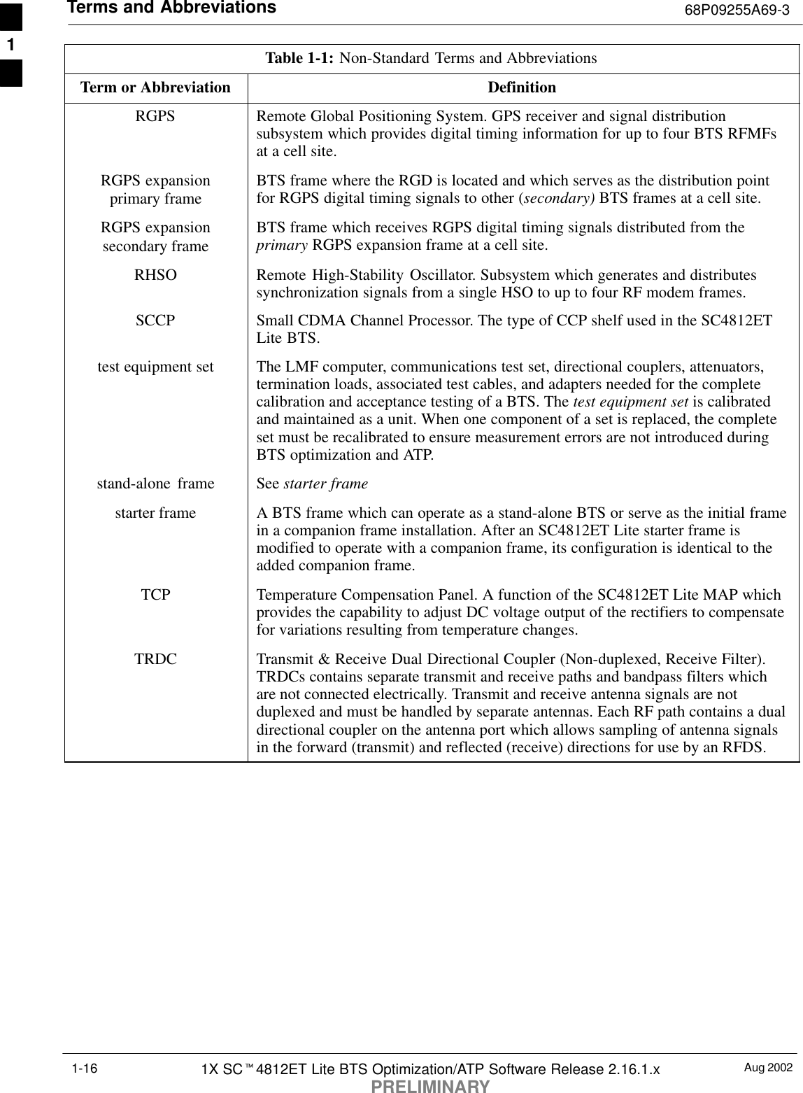 Terms and Abbreviations 68P09255A69-3Aug 20021X SCt4812ET Lite BTS Optimization/ATP Software Release 2.16.1.xPRELIMINARY1-16Table 1-1: Non-Standard Terms and AbbreviationsTerm or Abbreviation DefinitionRGPS Remote Global Positioning System. GPS receiver and signal distributionsubsystem which provides digital timing information for up to four BTS RFMFsat a cell site.RGPS expansionprimary frame BTS frame where the RGD is located and which serves as the distribution pointfor RGPS digital timing signals to other (secondary) BTS frames at a cell site.RGPS expansionsecondary frame BTS frame which receives RGPS digital timing signals distributed from theprimary RGPS expansion frame at a cell site.RHSO Remote High-Stability Oscillator. Subsystem which generates and distributessynchronization signals from a single HSO to up to four RF modem frames.SCCP Small CDMA Channel Processor. The type of CCP shelf used in the SC4812ETLite BTS.test equipment set The LMF computer, communications test set, directional couplers, attenuators,termination loads, associated test cables, and adapters needed for the completecalibration and acceptance testing of a BTS. The test equipment set is calibratedand maintained as a unit. When one component of a set is replaced, the completeset must be recalibrated to ensure measurement errors are not introduced duringBTS optimization and ATP.stand-alone frame See starter framestarter frame A BTS frame which can operate as a stand-alone BTS or serve as the initial framein a companion frame installation. After an SC4812ET Lite starter frame ismodified to operate with a companion frame, its configuration is identical to theadded companion frame.TCP Temperature Compensation Panel. A function of the SC4812ET Lite MAP whichprovides the capability to adjust DC voltage output of the rectifiers to compensatefor variations resulting from temperature changes.TRDC Transmit &amp; Receive Dual Directional Coupler (Non-duplexed, Receive Filter).TRDCs contains separate transmit and receive paths and bandpass filters whichare not connected electrically. Transmit and receive antenna signals are notduplexed and must be handled by separate antennas. Each RF path contains a dualdirectional coupler on the antenna port which allows sampling of antenna signalsin the forward (transmit) and reflected (receive) directions for use by an RFDS. 1