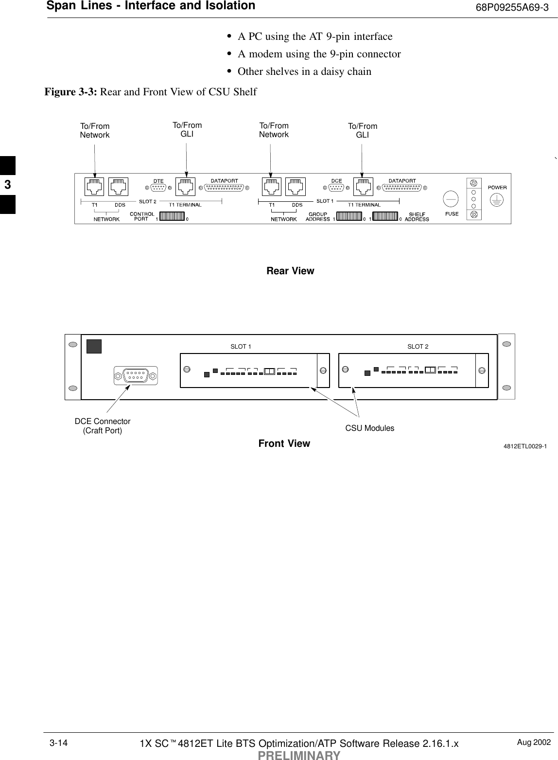 Span Lines - Interface and Isolation 68P09255A69-3Aug 20021X SCt4812ET Lite BTS Optimization/ATP Software Release 2.16.1.xPRELIMINARY3-14SA PC using the AT 9-pin interfaceSA modem using the 9-pin connectorSOther shelves in a daisy chainFigure 3-3: Rear and Front View of CSU ShelfFront ViewSLOT 1 SLOT 2DCE Connector(Craft Port)Rear ViewTo/FromNetwork To/FromGLI To/FromNetwork To/FromGLICSU Modules4812ETL0029-13