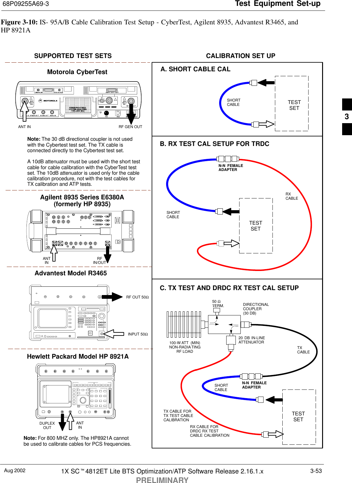 Test Equipment Set-up68P09255A69-3Aug 2002 1X SCt4812ET Lite BTS Optimization/ATP Software Release 2.16.1.xPRELIMINARY3-53Figure 3-10: IS- 95A/B Cable Calibration Test Setup - CyberTest, Agilent 8935, Advantest R3465, andHP 8921AMotorola CyberTestAdvantest Model R3465RF OUT 50ΩINPUT 50ΩRF GEN OUTANT INSUPPORTED TEST SETS100-W ATT  (MIN)NON-RADIATINGRF LOADTESTSETA. SHORT CABLE CALSHORTCABLEB. RX TEST CAL SETUP FOR TRDCTESTSETC. TX TEST AND DRDC RX TEST CAL SETUP20 DB IN-LINEATTENUATORCALIBRATION SET UPN-N  FEMALEADAPTERTXCABLESHORTCABLENote: The 30 dB directional coupler is not usedwith the Cybertest test set. The TX cable isconnected directly to the Cybertest test set.A 10dB attenuator must be used with the short testcable for cable calibration with the CyberTest testset. The 10dB attenuator is used only for the cablecalibration procedure, not with the test cables forTX calibration and ATP tests.TESTSETRXCABLESHORTCABLEDIRECTIONALCOUPLER (30 DB)N-N FEMALEADAPTER50 ΩΤERM.Agilent 8935 Series E6380A(formerly HP 8935)RFIN/OUTANTINHewlett Packard Model HP 8921ANote: For 800 MHZ only. The HP8921A cannotbe used to calibrate cables for PCS frequencies.TX CABLE FORTX TEST CABLECALIBRATIONRX CABLE FORDRDC RX TESTCABLE CALIBRATIONDUPLEXOUT ANTIN3