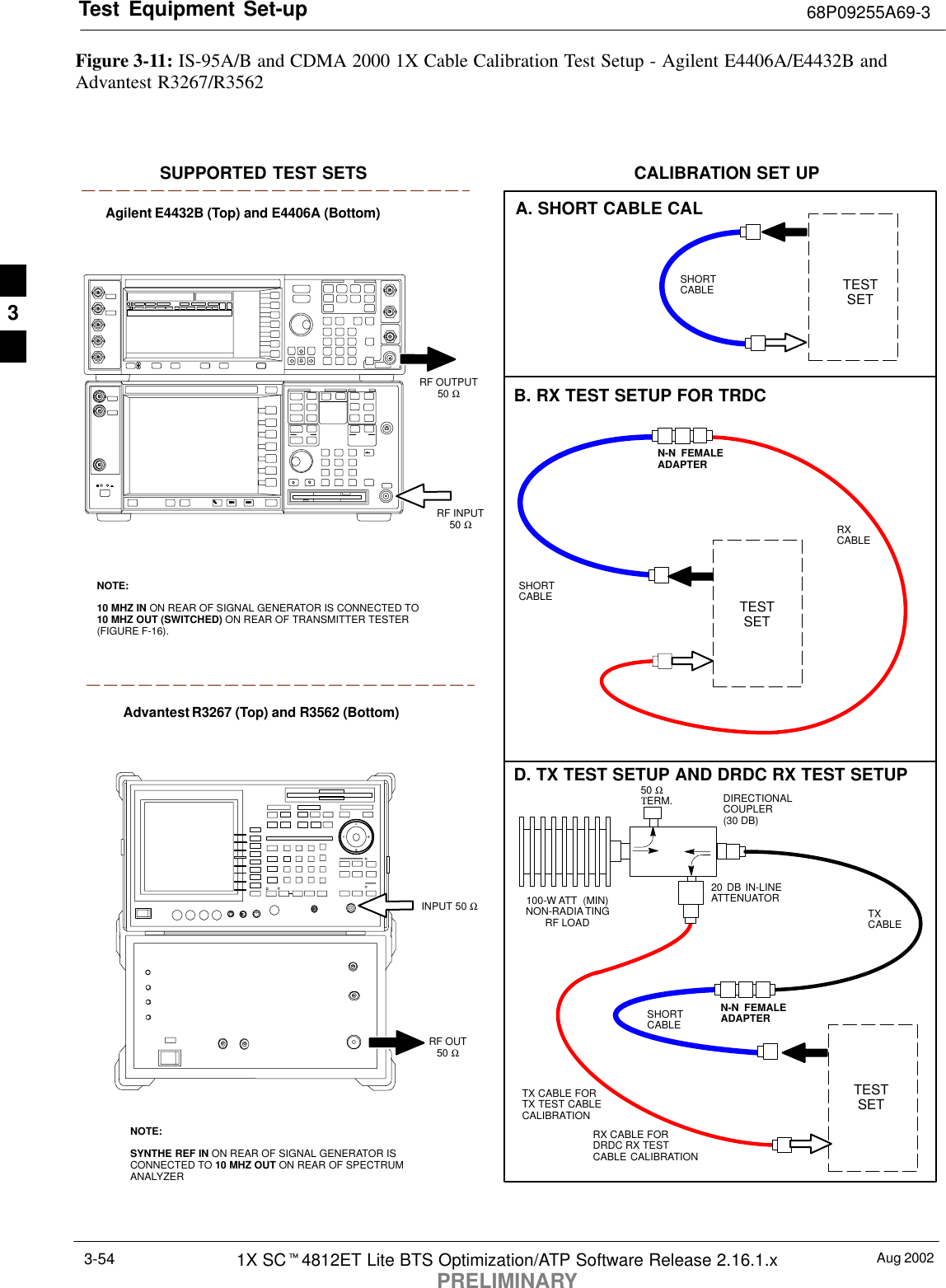 Test Equipment Set-up 68P09255A69-3Aug 20021X SCt4812ET Lite BTS Optimization/ATP Software Release 2.16.1.xPRELIMINARY3-54Figure 3-11: IS-95A/B and CDMA 2000 1X Cable Calibration Test Setup - Agilent E4406A/E4432B andAdvantest R3267/R3562TESTSETA. SHORT CABLE CALSHORTCABLEB. RX TEST SETUP FOR TRDCCALIBRATION SET UPTESTSETRXCABLESHORTCABLEN-N  FEMALEADAPTERSUPPORTED TEST SETSINPUT 50 ΩRF OUT50 ΩAdvantest R3267 (Top) and R3562 (Bottom)NOTE:SYNTHE REF IN ON REAR OF SIGNAL GENERATOR ISCONNECTED TO 10 MHZ OUT ON REAR OF SPECTRUMANALYZERAgilent E4432B (Top) and E4406A (Bottom)NOTE:10 MHZ IN ON REAR OF SIGNAL GENERATOR IS CONNECTED TO10 MHZ OUT (SWITCHED) ON REAR OF TRANSMITTER TESTER(FIGURE F-16).RF INPUT50 ΩRF OUTPUT50 Ω100-W ATT  (MIN)NON-RADIATINGRF LOADTESTSETD. TX TEST SETUP AND DRDC RX TEST SETUP20 DB IN-LINEATTENUATORN-N FEMALEADAPTERTXCABLESHORTCABLEDIRECTIONALCOUPLER (30 DB)50 ΩΤERM.TX CABLE FORTX TEST CABLECALIBRATIONRX CABLE FORDRDC RX TESTCABLE CALIBRATION3