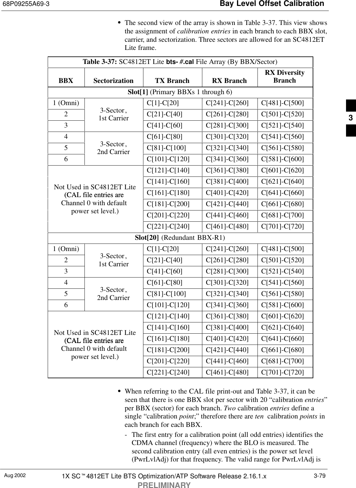 Bay Level Offset Calibration68P09255A69-3Aug 2002 1X SCt4812ET Lite BTS Optimization/ATP Software Release 2.16.1.xPRELIMINARY3-79SThe second view of the array is shown in Table 3-37. This view showsthe assignment of calibration entries in each branch to each BBX slot,carrier, and sectorization. Three sectors are allowed for an SC4812ETLite frame.Table 3-37: SC4812ET Lite bts- #.cal File Array (By BBX/Sector)BBX Sectorization TX Branch RX Branch RX DiversityBranchSlot[1] (Primary BBXs 1 through 6)1 (Omni) C[1]-C[20] C[241]-C[260] C[481]-C[500]23-Sector, C[21]-C[40] C[261]-C[280] C[501]-C[520]31st Carrier C[41]-C[60] C[281]-C[300] C[521]-C[540]4 C[61]-C[80] C[301]-C[320] C[541]-C[560]53-Sector, C[81]-C[100] C[321]-C[340] C[561]-C[580]62nd Carrier C[101]-C[120] C[341]-C[360] C[581]-C[600]C[121]-C[140] C[361]-C[380] C[601]-C[620]C[141]-C[160] C[381]-C[400] C[621]-C[640]Not Used in SC4812ET Lite(CAL file entries are  C[161]-C[180] C[401]-C[420] C[641]-C[660](CAL file entries are Channel 0 with default  C[181]-C[200] C[421]-C[440] C[661]-C[680]power set level.) C[201]-C[220] C[441]-C[460] C[681]-C[700]C[221]-C[240] C[461]-C[480] C[701]-C[720]Slot[20] (Redundant BBX-R1)1 (Omni) C[1]-C[20] C[241]-C[260] C[481]-C[500]23-Sector, C[21]-C[40] C[261]-C[280] C[501]-C[520]31st Carrier C[41]-C[60] C[281]-C[300] C[521]-C[540]4 C[61]-C[80] C[301]-C[320] C[541]-C[560]53-Sector, C[81]-C[100] C[321]-C[340] C[561]-C[580]62nd Carrier C[101]-C[120] C[341]-C[360] C[581]-C[600]C[121]-C[140] C[361]-C[380] C[601]-C[620]C[141]-C[160] C[381]-C[400] C[621]-C[640]Not Used in SC4812ET Lite(CAL file entries are  C[161]-C[180] C[401]-C[420] C[641]-C[660](CAL file entries are Channel 0 with default  C[181]-C[200] C[421]-C[440] C[661]-C[680]power set level.) C[201]-C[220] C[441]-C[460] C[681]-C[700]C[221]-C[240] C[461]-C[480] C[701]-C[720]SWhen referring to the CAL file print-out and Table 3-37, it can beseen that there is one BBX slot per sector with 20 “calibration entries”per BBX (sector) for each branch. Two calibration entries define asingle “calibration point;” therefore there are ten  calibration points ineach branch for each BBX.- The first entry for a calibration point (all odd entries) identifies theCDMA channel (frequency) where the BLO is measured. Thesecond calibration entry (all even entries) is the power set level(PwrLvlAdj) for that frequency. The valid range for PwrLvlAdj is3