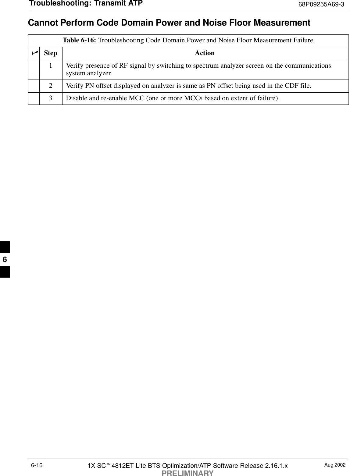 Troubleshooting: Transmit ATP 68P09255A69-3Aug 20021X SCt4812ET Lite BTS Optimization/ATP Software Release 2.16.1.xPRELIMINARY6-16Cannot Perform Code Domain Power and Noise Floor MeasurementTable 6-16: Troubleshooting Code Domain Power and Noise Floor Measurement FailurenStep Action1Verify presence of RF signal by switching to spectrum analyzer screen on the communicationssystem analyzer.2Verify PN offset displayed on analyzer is same as PN offset being used in the CDF file.3Disable and re-enable MCC (one or more MCCs based on extent of failure). 6