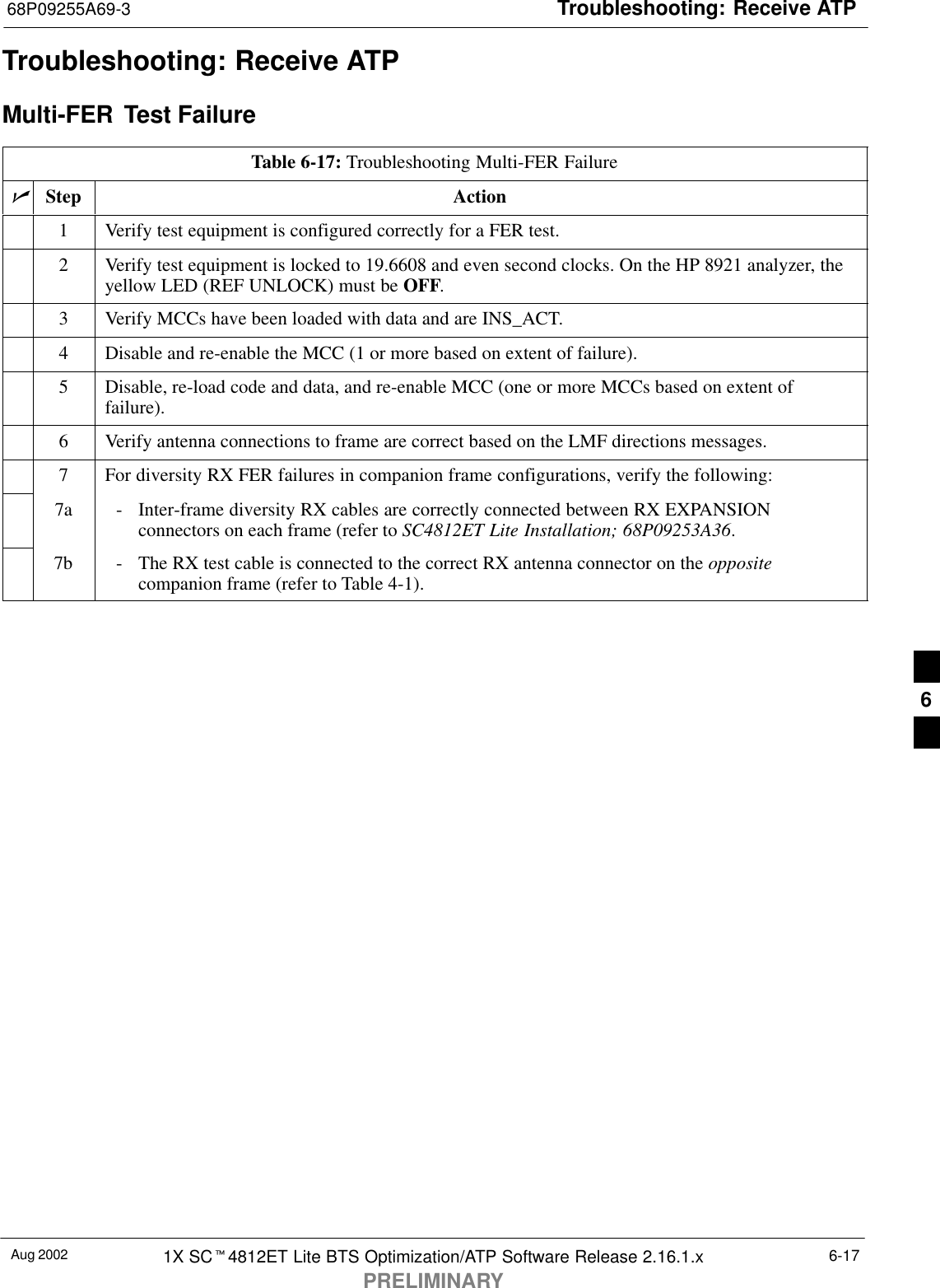 Troubleshooting: Receive ATP68P09255A69-3Aug 2002 1X SCt4812ET Lite BTS Optimization/ATP Software Release 2.16.1.xPRELIMINARY6-17Troubleshooting: Receive ATPMulti-FER  Test FailureTable 6-17: Troubleshooting Multi-FER FailurenStep Action1Verify test equipment is configured correctly for a FER test.2Verify test equipment is locked to 19.6608 and even second clocks. On the HP 8921 analyzer, theyellow LED (REF UNLOCK) must be OFF.3Verify MCCs have been loaded with data and are INS_ACT.4Disable and re-enable the MCC (1 or more based on extent of failure).5Disable, re-load code and data, and re-enable MCC (one or more MCCs based on extent offailure).6Verify antenna connections to frame are correct based on the LMF directions messages.7For diversity RX FER failures in companion frame configurations, verify the following:7a - Inter-frame diversity RX cables are correctly connected between RX EXPANSIONconnectors on each frame (refer to SC4812ET Lite Installation; 68P09253A36.7b - The RX test cable is connected to the correct RX antenna connector on the oppositecompanion frame (refer to Table 4-1). 6