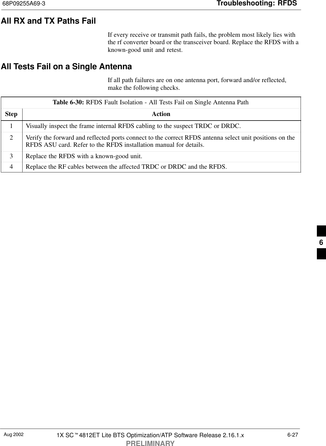 Troubleshooting: RFDS68P09255A69-3Aug 2002 1X SCt4812ET Lite BTS Optimization/ATP Software Release 2.16.1.xPRELIMINARY6-27All RX and TX Paths FailIf every receive or transmit path fails, the problem most likely lies withthe rf converter board or the transceiver board. Replace the RFDS with aknown-good unit and retest.All Tests Fail on a Single AntennaIf all path failures are on one antenna port, forward and/or reflected,make the following checks.Table 6-30: RFDS Fault Isolation - All Tests Fail on Single Antenna PathStep Action1Visually inspect the frame internal RFDS cabling to the suspect TRDC or DRDC.2Verify the forward and reflected ports connect to the correct RFDS antenna select unit positions on theRFDS ASU card. Refer to the RFDS installation manual for details.3Replace the RFDS with a known-good unit.4Replace the RF cables between the affected TRDC or DRDC and the RFDS. 6