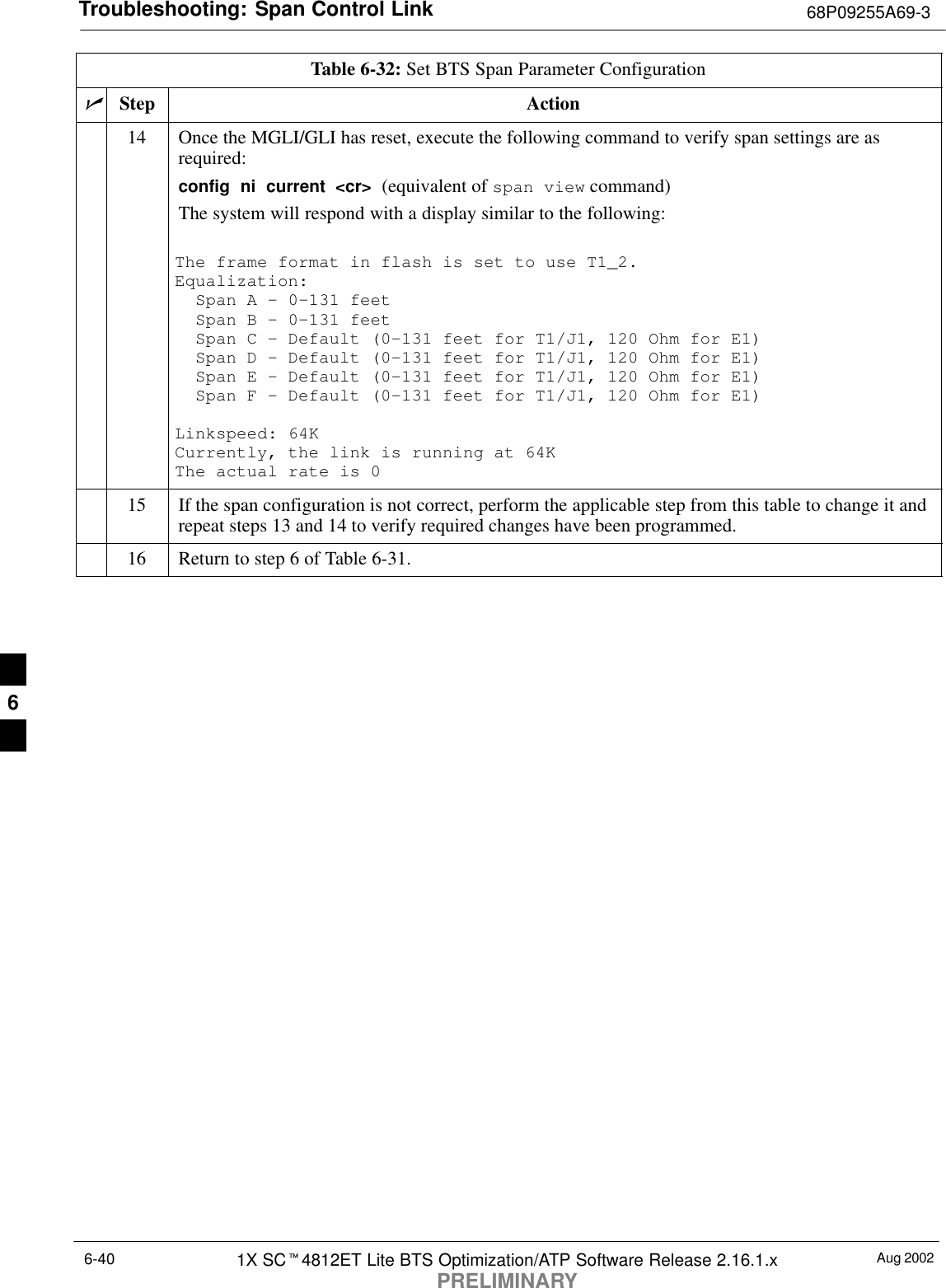 Troubleshooting: Span Control Link 68P09255A69-3Aug 20021X SCt4812ET Lite BTS Optimization/ATP Software Release 2.16.1.xPRELIMINARY6-40Table 6-32: Set BTS Span Parameter ConfigurationnActionStep14 Once the MGLI/GLI has reset, execute the following command to verify span settings are asrequired:config  ni  current  &lt;cr&gt;  (equivalent of span view command)The system will respond with a display similar to the following:The frame format in flash is set to use T1_2.Equalization:  Span A - 0-131 feet  Span B - 0-131 feet  Span C - Default (0-131 feet for T1/J1, 120 Ohm for E1)  Span D - Default (0-131 feet for T1/J1, 120 Ohm for E1)  Span E - Default (0-131 feet for T1/J1, 120 Ohm for E1)  Span F - Default (0-131 feet for T1/J1, 120 Ohm for E1)Linkspeed: 64KCurrently, the link is running at 64K The actual rate is 015 If the span configuration is not correct, perform the applicable step from this table to change it andrepeat steps 13 and 14 to verify required changes have been programmed.16 Return to step 6 of Table 6-31. 6