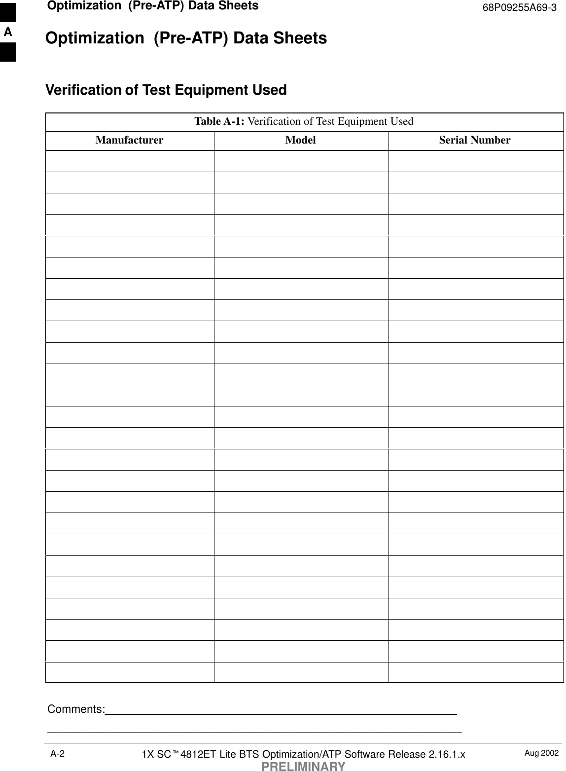 Optimization  (Pre-ATP) Data Sheets 68P09255A69-3Aug 20021X SCt4812ET Lite BTS Optimization/ATP Software Release 2.16.1.xPRELIMINARYA-2Optimization  (Pre-ATP) Data SheetsVerification of Test Equipment UsedTable A-1: Verification of Test Equipment UsedManufacturer Model Serial NumberComments:__________________________________________________________________________________________________________________________A