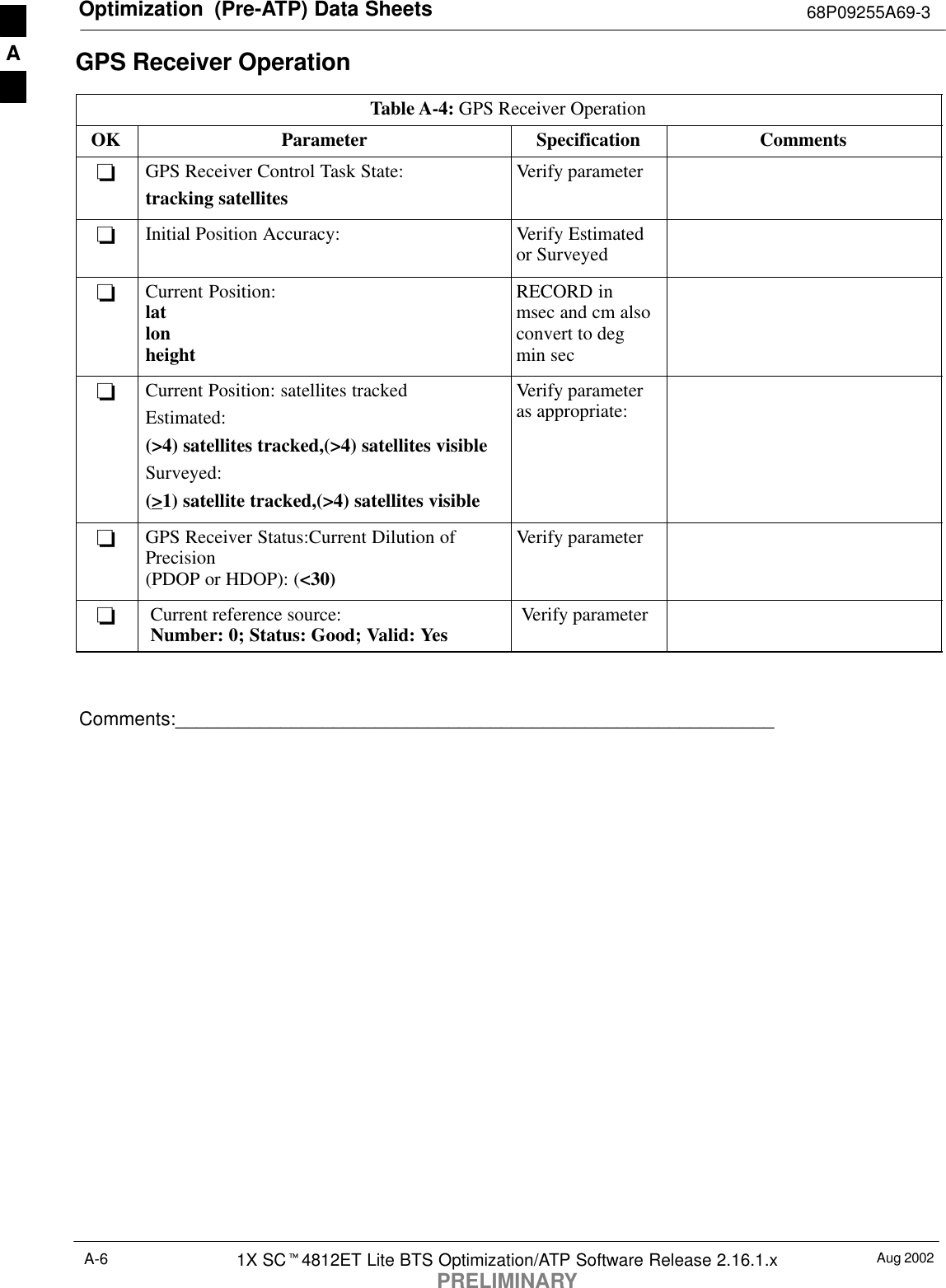 Optimization  (Pre-ATP) Data Sheets 68P09255A69-3Aug 20021X SCt4812ET Lite BTS Optimization/ATP Software Release 2.16.1.xPRELIMINARYA-6GPS Receiver OperationTable A-4: GPS Receiver OperationOK Parameter Specification Comments-GPS Receiver Control Task State:tracking satellitesVerify parameter-Initial Position Accuracy: Verify Estimatedor Surveyed-Current Position:latlonheightRECORD inmsec and cm alsoconvert to degmin sec-Current Position: satellites trackedEstimated:(&gt;4) satellites tracked,(&gt;4) satellites visibleSurveyed:(&gt;1) satellite tracked,(&gt;4) satellites visibleVerify parameteras appropriate:-GPS Receiver Status:Current Dilution ofPrecision (PDOP or HDOP): (&lt;30)Verify parameter-Current reference source:Number: 0; Status: Good; Valid: Yes Verify parameterComments:_________________________________________________________A