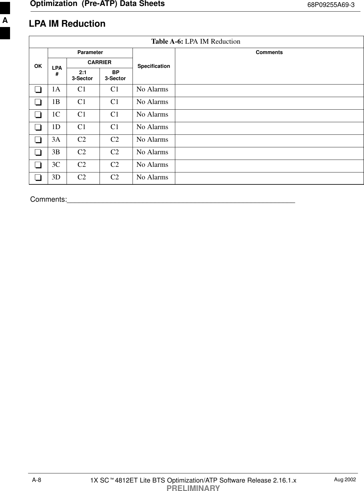 Optimization  (Pre-ATP) Data Sheets 68P09255A69-3Aug 20021X SCt4812ET Lite BTS Optimization/ATP Software Release 2.16.1.xPRELIMINARYA-8LPA IM Reduction Table A-6: LPA IM ReductionParameter CommentsCARRIEROK LPA#2:13-Sector BP3-SectorSpecification-1A C1 C1 No Alarms-1B C1 C1 No Alarms-1C C1 C1 No Alarms-1D C1 C1 No Alarms-3A C2 C2 No Alarms-3B C2 C2 No Alarms-3C C2 C2 No Alarms-3D C2 C2 No AlarmsComments:_________________________________________________________A