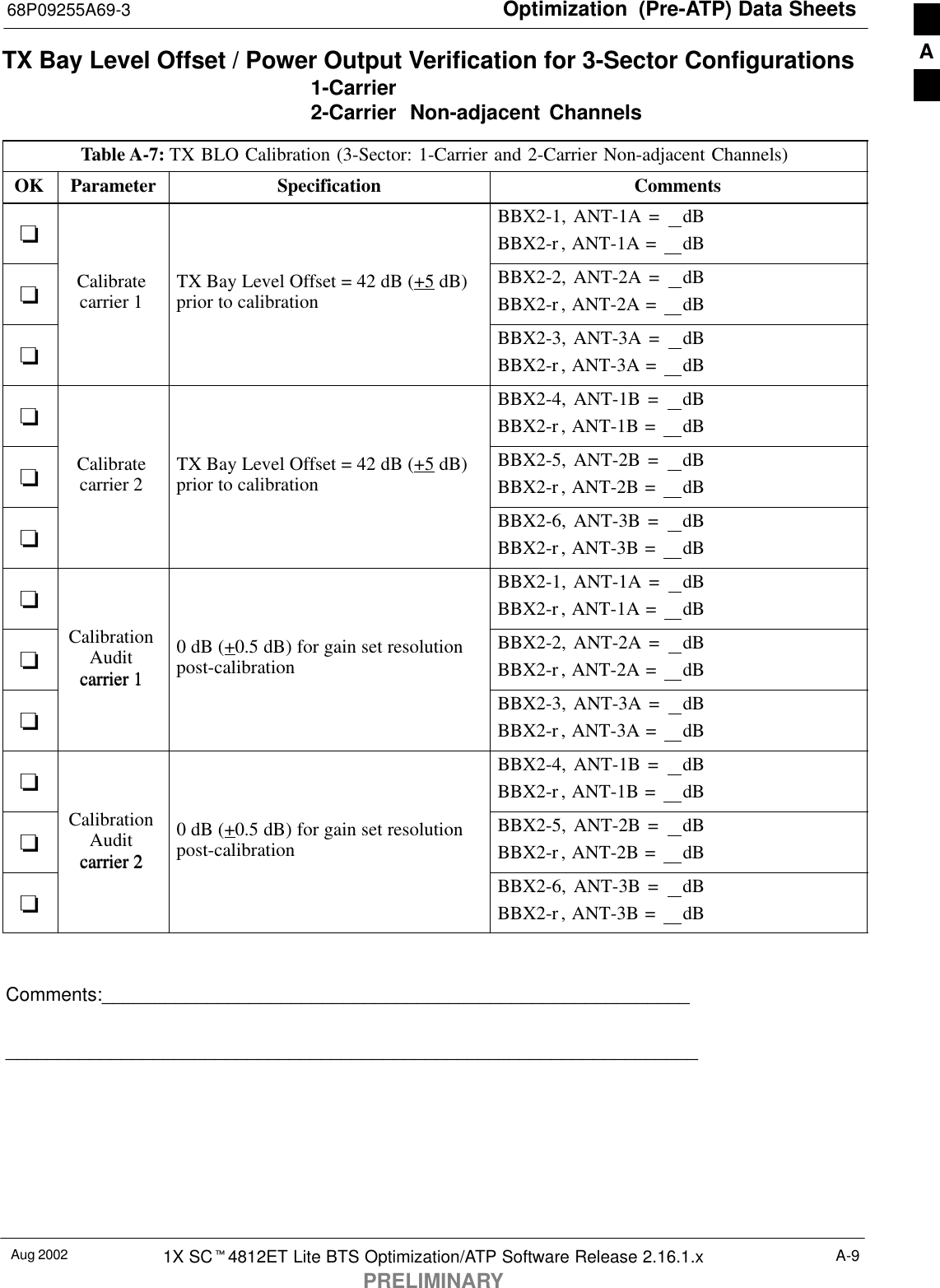 Optimization  (Pre-ATP) Data Sheets68P09255A69-3Aug 2002 1X SCt4812ET Lite BTS Optimization/ATP Software Release 2.16.1.xPRELIMINARYA-9TX Bay Level Offset / Power Output Verification for 3-Sector Configurations 1-Carrier2-Carrier  Non-adjacent ChannelsTable A-7: TX BLO Calibration (3-Sector: 1-Carrier and 2-Carrier Non-adjacent Channels)OK Parameter Specification Comments-BBX2-1, ANT-1A =  dBBBX2-r, ANT-1A =  dB-Calibratecarrier 1 TX Bay Level Offset = 42 dB (+5 dB)prior to calibrationBBX2-2, ANT-2A =  dBBBX2-r, ANT-2A =  dB-BBX2-3, ANT-3A =  dBBBX2-r, ANT-3A =  dB-BBX2-4, ANT-1B =  dBBBX2-r, ANT-1B =  dB-Calibratecarrier 2 TX Bay Level Offset = 42 dB (+5 dB)prior to calibrationBBX2-5, ANT-2B =  dBBBX2-r, ANT-2B =  dB-BBX2-6, ANT-3B =  dBBBX2-r, ANT-3B =  dB-BBX2-1, ANT-1A =  dBBBX2-r, ANT-1A =  dB-CalibrationAuditcarrier 10 dB (+0.5 dB) for gain set resolutionpost-calibrationBBX2-2, ANT-2A =  dBBBX2-r, ANT-2A =  dB-carrier 1BBX2-3, ANT-3A =  dBBBX2-r, ANT-3A =  dB-BBX2-4, ANT-1B =  dBBBX2-r, ANT-1B =  dB-CalibrationAuditcarrier 20 dB (+0.5 dB) for gain set resolutionpost-calibrationBBX2-5, ANT-2B =  dBBBX2-r, ANT-2B =  dB-carrier 2BBX2-6, ANT-3B =  dBBBX2-r, ANT-3B =  dB Comments:__________________________________________________________________________________________________________________________A