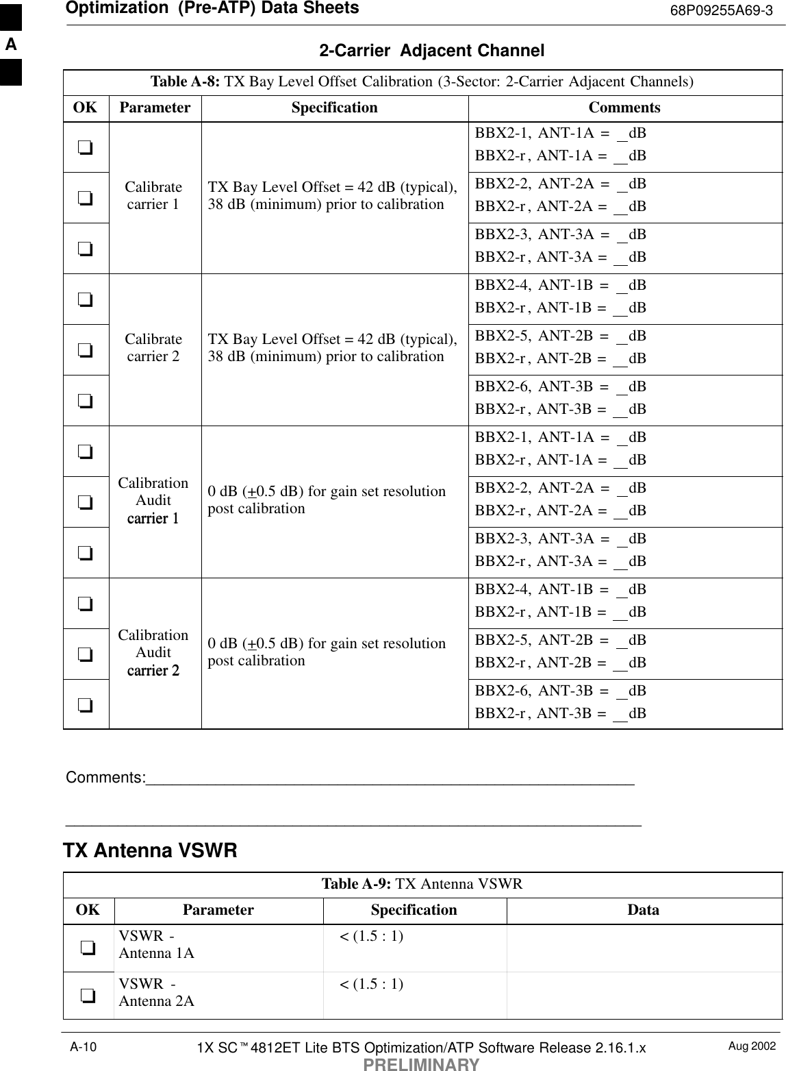 Optimization  (Pre-ATP) Data Sheets 68P09255A69-3Aug 20021X SCt4812ET Lite BTS Optimization/ATP Software Release 2.16.1.xPRELIMINARYA-102-Carrier  Adjacent ChannelTable A-8: TX Bay Level Offset Calibration (3-Sector: 2-Carrier Adjacent Channels)OK Parameter Specification Comments-BBX2-1, ANT-1A =  dBBBX2-r, ANT-1A =  dB-Calibratecarrier 1 TX Bay Level Offset = 42 dB (typical),38 dB (minimum) prior to calibrationBBX2-2, ANT-2A =  dBBBX2-r, ANT-2A =  dB-BBX2-3, ANT-3A =  dBBBX2-r, ANT-3A =  dB-BBX2-4, ANT-1B =  dBBBX2-r, ANT-1B =  dB-Calibratecarrier 2 TX Bay Level Offset = 42 dB (typical),38 dB (minimum) prior to calibrationBBX2-5, ANT-2B =  dBBBX2-r, ANT-2B =  dB-BBX2-6, ANT-3B =  dBBBX2-r, ANT-3B =  dB-BBX2-1, ANT-1A =  dBBBX2-r, ANT-1A =  dB-CalibrationAuditcarrier 10 dB (+0.5 dB) for gain set resolutionpost calibrationBBX2-2, ANT-2A =  dBBBX2-r, ANT-2A =  dB-carrier 1BBX2-3, ANT-3A =  dBBBX2-r, ANT-3A =  dB-BBX2-4, ANT-1B =  dBBBX2-r, ANT-1B =  dB-CalibrationAuditcarrier 20 dB (+0.5 dB) for gain set resolutionpost calibrationBBX2-5, ANT-2B =  dBBBX2-r, ANT-2B =  dB-carrier 2BBX2-6, ANT-3B =  dBBBX2-r, ANT-3B =  dB Comments:__________________________________________________________________________________________________________________________TX Antenna VSWRTable A-9: TX Antenna VSWROK Parameter Specification Data-VSWR - Antenna 1A    &lt; (1.5 : 1)-VSWR -Antenna 2A    &lt; (1.5 : 1)A