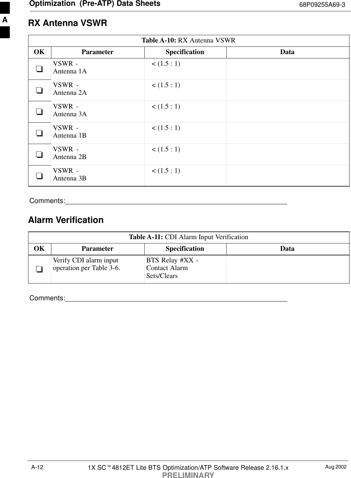 Optimization  (Pre-ATP) Data Sheets 68P09255A69-3Aug 20021X SCt4812ET Lite BTS Optimization/ATP Software Release 2.16.1.xPRELIMINARYA-12RX Antenna VSWRTable A-10: RX Antenna VSWROK Parameter Specification Data-VSWR - Antenna 1A    &lt; (1.5 : 1)-VSWR -Antenna 2A    &lt; (1.5 : 1)-VSWR -Antenna 3A    &lt; (1.5 : 1)-VSWR -Antenna 1B    &lt; (1.5 : 1)-VSWR -Antenna 2B    &lt; (1.5 : 1)-VSWR -Antenna 3B    &lt; (1.5 : 1)Comments:_________________________________________________________Alarm VerificationTable A-11: CDI Alarm Input VerificationOK Parameter Specification Data-Verify CDI alarm inputoperation per Table 3-6. BTS Relay #XX -Contact AlarmSets/ClearsComments:_________________________________________________________A