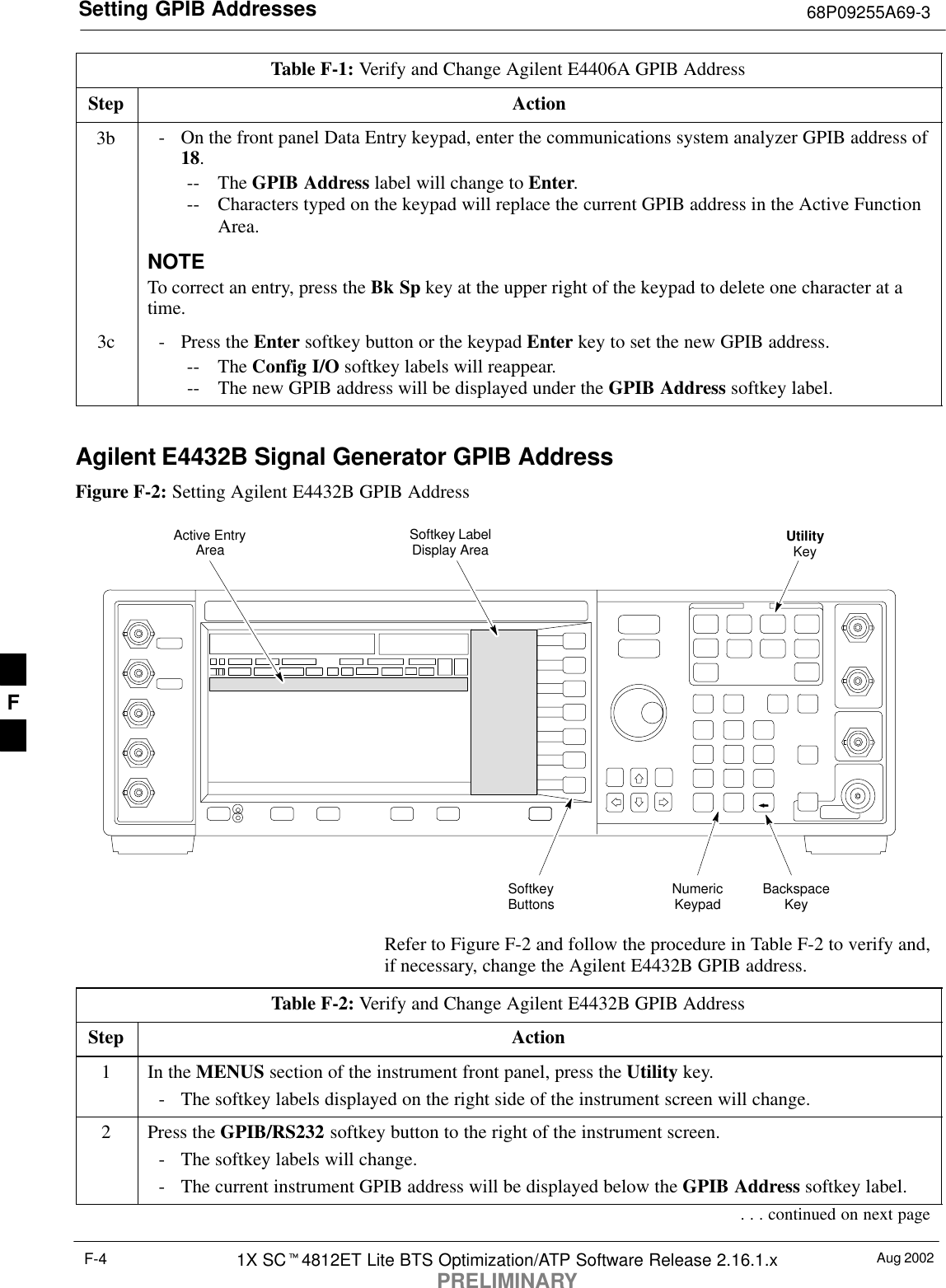 Setting GPIB Addresses 68P09255A69-3Aug 20021X SC4812ET Lite BTS Optimization/ATP Software Release 2.16.1.xPRELIMINARYF-4Table F-1: Verify and Change Agilent E4406A GPIB AddressStep Action3b - On the front panel Data Entry keypad, enter the communications system analyzer GPIB address of18.-- The GPIB Address label will change to Enter.-- Characters typed on the keypad will replace the current GPIB address in the Active FunctionArea.NOTETo correct an entry, press the Bk Sp key at the upper right of the keypad to delete one character at atime.3c - Press the Enter softkey button or the keypad Enter key to set the new GPIB address.-- The Config I/O softkey labels will reappear.-- The new GPIB address will be displayed under the GPIB Address softkey label. Agilent E4432B Signal Generator GPIB AddressFigure F-2: Setting Agilent E4432B GPIB AddressNumericKeypadSoftkeyButtonsSoftkey LabelDisplay AreaActive EntryAreaBackspaceKeyUtilityKeyRefer to Figure F-2 and follow the procedure in Table F-2 to verify and,if necessary, change the Agilent E4432B GPIB address.Table F-2: Verify and Change Agilent E4432B GPIB AddressStep Action1In the MENUS section of the instrument front panel, press the Utility key.- The softkey labels displayed on the right side of the instrument screen will change.2Press the GPIB/RS232 softkey button to the right of the instrument screen.- The softkey labels will change.- The current instrument GPIB address will be displayed below the GPIB Address softkey label.. . . continued on next pageF