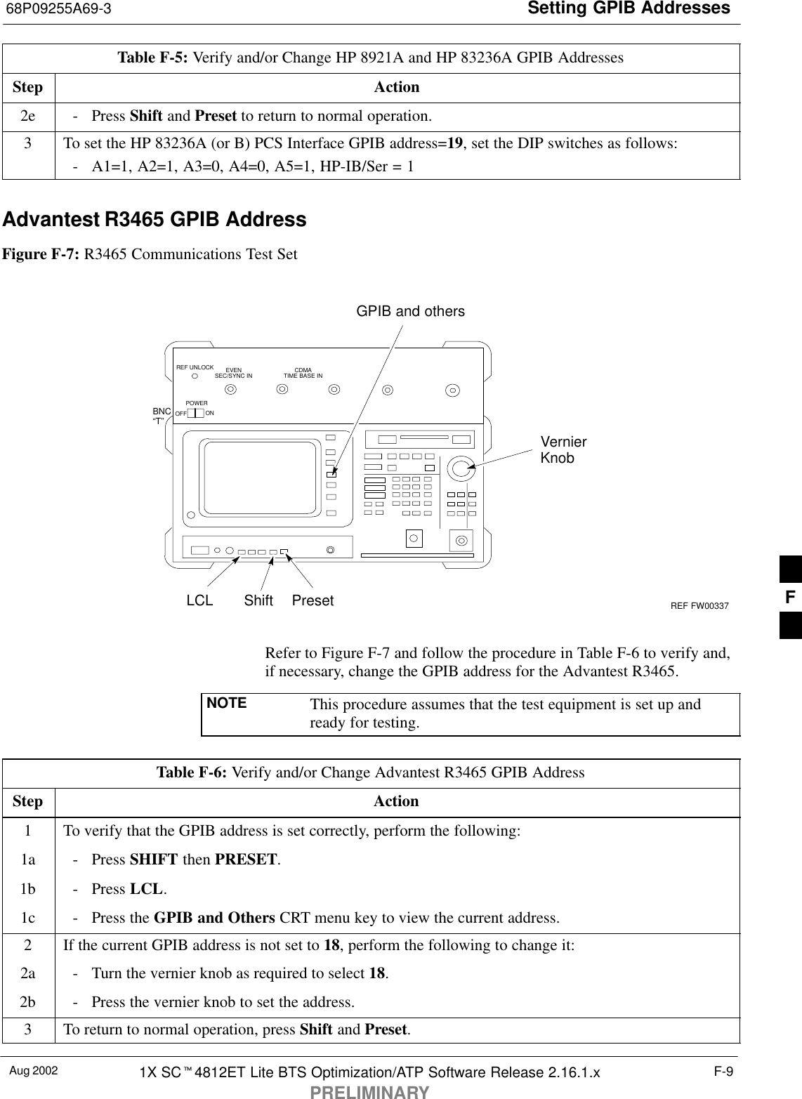 Setting GPIB Addresses68P09255A69-3Aug 2002 1X SC4812ET Lite BTS Optimization/ATP Software Release 2.16.1.xPRELIMINARYF-9Table F-5: Verify and/or Change HP 8921A and HP 83236A GPIB AddressesStep Action2e - Press Shift and Preset to return to normal operation.3To set the HP 83236A (or B) PCS Interface GPIB address=19, set the DIP switches as follows:- A1=1, A2=1, A3=0, A4=0, A5=1, HP-IB/Ser = 1Advantest R3465 GPIB AddressFigure F-7: R3465 Communications Test SetBNC“T”REF UNLOCK EVENSEC/SYNC IN CDMATIME BASE INPOWEROFF ONLCL Shift PresetGPIB and othersVernierKnobREF FW00337Refer to Figure F-7 and follow the procedure in Table F-6 to verify and,if necessary, change the GPIB address for the Advantest R3465.NOTE This procedure assumes that the test equipment is set up andready for testing.Table F-6: Verify and/or Change Advantest R3465 GPIB AddressStep Action1To verify that the GPIB address is set correctly, perform the following:1a - Press SHIFT then PRESET.1b - Press LCL.1c - Press the GPIB and Others CRT menu key to view the current address.2If the current GPIB address is not set to 18, perform the following to change it:2a - Turn the vernier knob as required to select 18.2b - Press the vernier knob to set the address.3To return to normal operation, press Shift and Preset.F