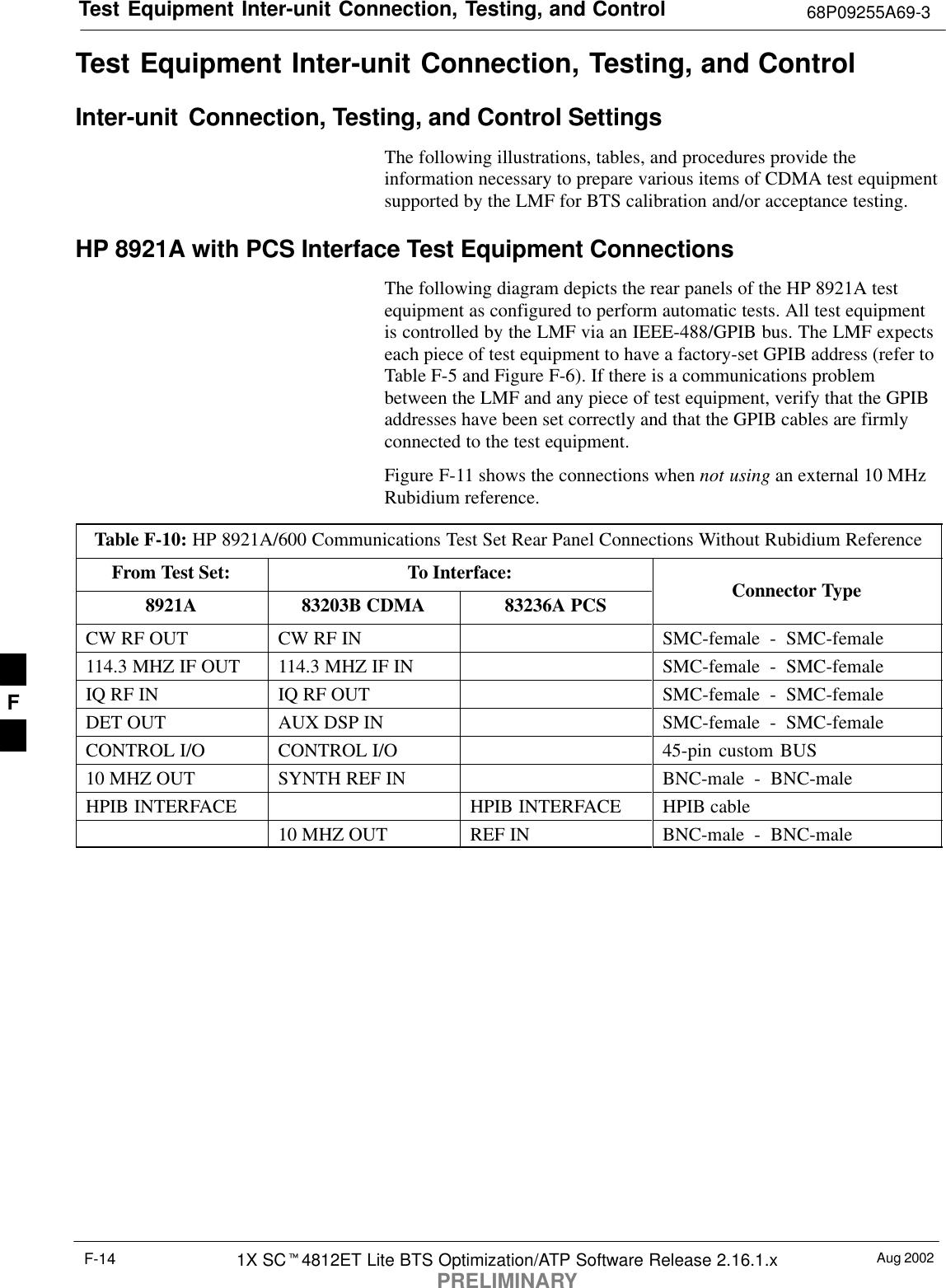 Test Equipment Inter-unit Connection, Testing, and Control 68P09255A69-3Aug 20021X SC4812ET Lite BTS Optimization/ATP Software Release 2.16.1.xPRELIMINARYF-14Test Equipment Inter-unit Connection, Testing, and ControlInter-unit  Connection, Testing, and Control SettingsThe following illustrations, tables, and procedures provide theinformation necessary to prepare various items of CDMA test equipmentsupported by the LMF for BTS calibration and/or acceptance testing.HP 8921A with PCS Interface Test Equipment ConnectionsThe following diagram depicts the rear panels of the HP 8921A testequipment as configured to perform automatic tests. All test equipmentis controlled by the LMF via an IEEE-488/GPIB bus. The LMF expectseach piece of test equipment to have a factory-set GPIB address (refer toTable F-5 and Figure F-6). If there is a communications problembetween the LMF and any piece of test equipment, verify that the GPIBaddresses have been set correctly and that the GPIB cables are firmlyconnected to the test equipment.Figure F-11 shows the connections when not using an external 10 MHzRubidium reference.Table F-10: HP 8921A/600 Communications Test Set Rear Panel Connections Without Rubidium ReferenceFrom Test Set: To Interface:8921A 83203B CDMA 83236A PCS Connector TypeCW RF OUT CW RF IN SMC-female - SMC-female114.3 MHZ IF OUT 114.3 MHZ IF IN SMC-female - SMC-femaleIQ RF IN IQ RF OUT SMC-female - SMC-femaleDET OUT AUX DSP IN SMC-female - SMC-femaleCONTROL I/O CONTROL I/O 45-pin custom BUS10 MHZ OUT SYNTH REF IN BNC-male - BNC-maleHPIB INTERFACE HPIB INTERFACE HPIB cable10 MHZ OUT REF IN BNC-male - BNC-maleF