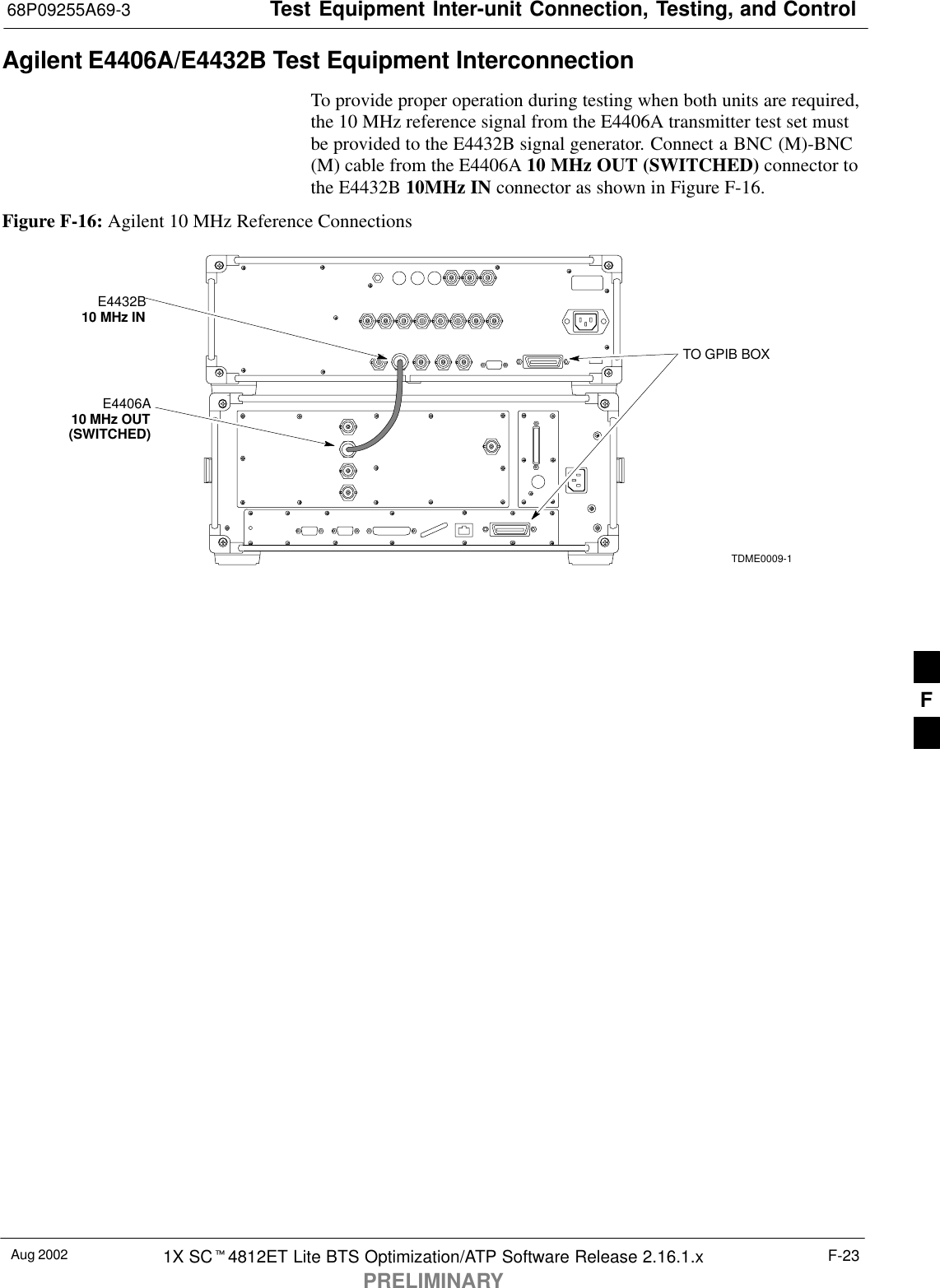 Test Equipment Inter-unit Connection, Testing, and Control68P09255A69-3Aug 2002 1X SC4812ET Lite BTS Optimization/ATP Software Release 2.16.1.xPRELIMINARYF-23Agilent E4406A/E4432B Test Equipment InterconnectionTo provide proper operation during testing when both units are required,the 10 MHz reference signal from the E4406A transmitter test set mustbe provided to the E4432B signal generator. Connect a BNC (M)-BNC(M) cable from the E4406A 10 MHz OUT (SWITCHED) connector tothe E4432B 10MHz IN connector as shown in Figure F-16.Figure F-16: Agilent 10 MHz Reference ConnectionsE4406A10 MHz OUT(SWITCHED)E4432B10 MHz INTO GPIB BOXTDME0009-1F