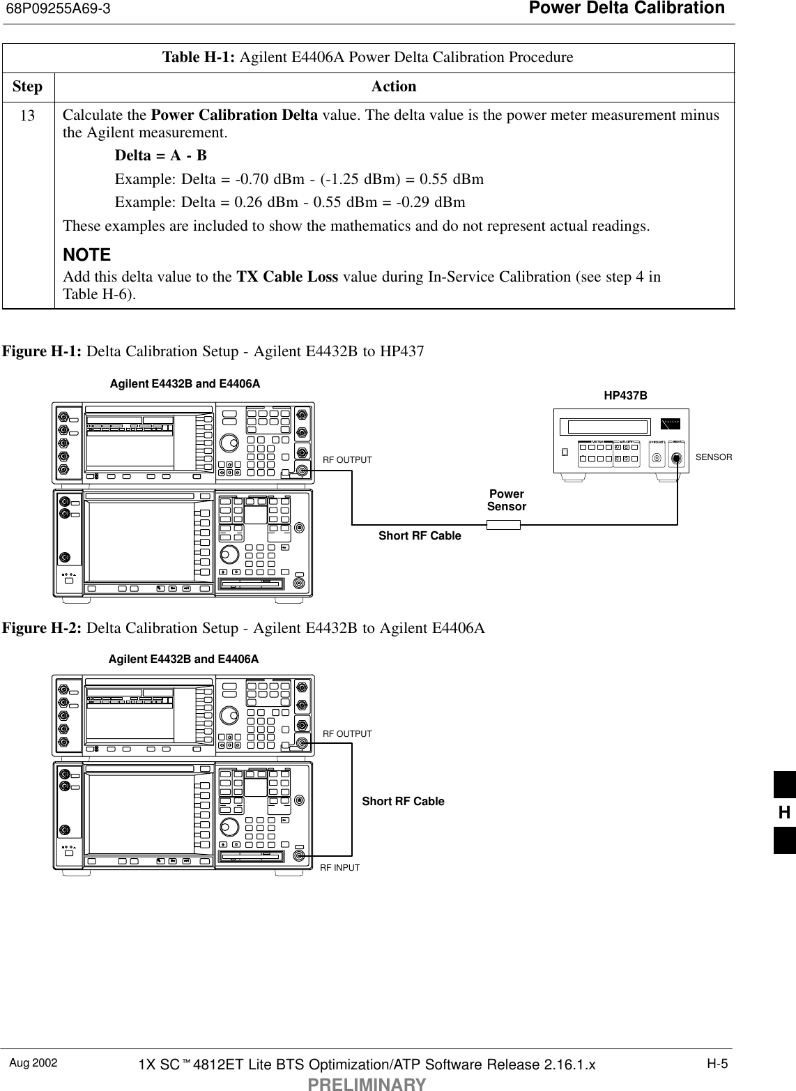 Power Delta Calibration68P09255A69-3Aug 2002 1X SC4812ET Lite BTS Optimization/ATP Software Release 2.16.1.xPRELIMINARYH-5Table H-1: Agilent E4406A Power Delta Calibration ProcedureStep Action13 Calculate the Power Calibration Delta value. The delta value is the power meter measurement minusthe Agilent measurement.Delta = A - BExample: Delta = -0.70 dBm - (-1.25 dBm) = 0.55 dBmExample: Delta = 0.26 dBm - 0.55 dBm = -0.29 dBmThese examples are included to show the mathematics and do not represent actual readings.NOTEAdd this delta value to the TX Cable Loss value during In-Service Calibration (see step 4 inTable H-6). Figure H-1: Delta Calibration Setup - Agilent E4432B to HP437PowerSensorAgilent E4432B and E4406AShort RF CableHP437BSENSORRF OUTPUTFigure H-2: Delta Calibration Setup - Agilent E4432B to Agilent E4406AShort RF CableRF INPUTAgilent E4432B and E4406ARF OUTPUTH