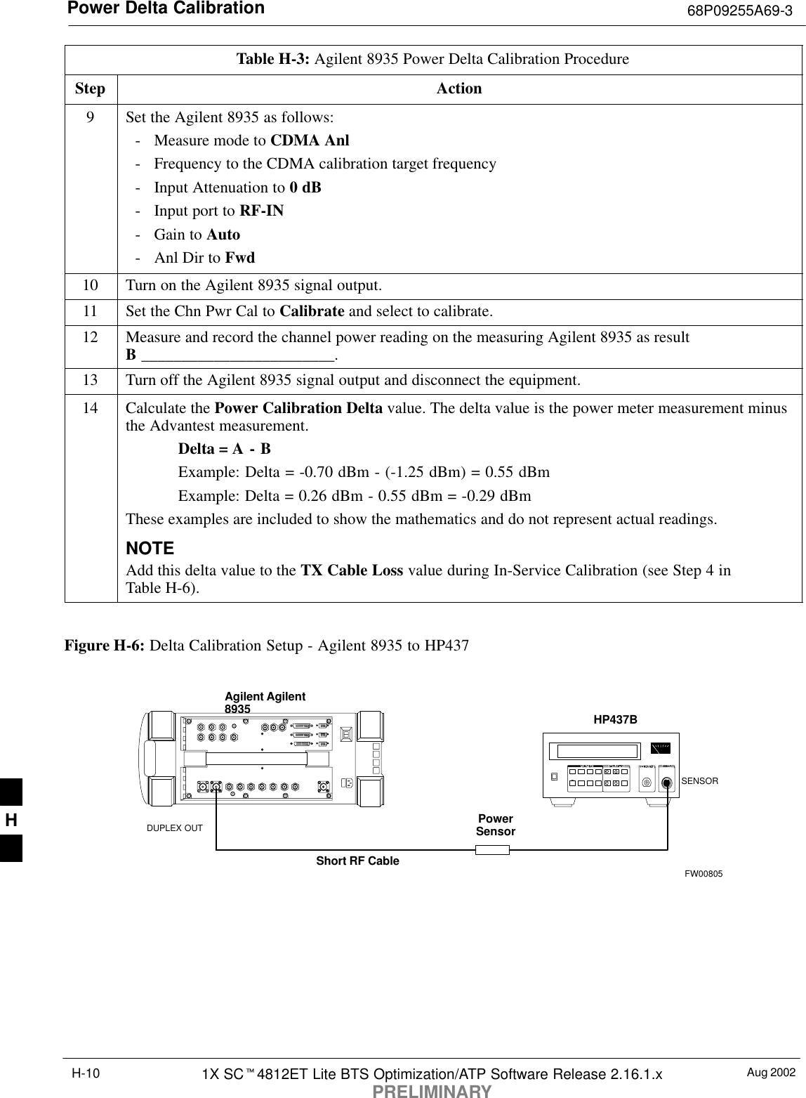 Power Delta Calibration 68P09255A69-3Aug 20021X SC4812ET Lite BTS Optimization/ATP Software Release 2.16.1.xPRELIMINARYH-10Table H-3: Agilent 8935 Power Delta Calibration ProcedureStep Action9Set the Agilent 8935 as follows:- Measure mode to CDMA Anl- Frequency to the CDMA calibration target frequency- Input Attenuation to 0 dB- Input port to RF-IN- Gain to Auto- Anl Dir to Fwd10 Turn on the Agilent 8935 signal output.11 Set the Chn Pwr Cal to Calibrate and select to calibrate.12 Measure and record the channel power reading on the measuring Agilent 8935 as resultB ________________________.13 Turn off the Agilent 8935 signal output and disconnect the equipment.14 Calculate the Power Calibration Delta value. The delta value is the power meter measurement minusthe Advantest measurement.Delta = A - BExample: Delta = -0.70 dBm - (-1.25 dBm) = 0.55 dBmExample: Delta = 0.26 dBm - 0.55 dBm = -0.29 dBmThese examples are included to show the mathematics and do not represent actual readings.NOTEAdd this delta value to the TX Cable Loss value during In-Service Calibration (see Step 4 inTable H-6). Figure H-6: Delta Calibration Setup - Agilent 8935 to HP437 PowerSensorAgilent Agilent8935DUPLEX OUTShort RF CableHP437BSENSORFW00805H