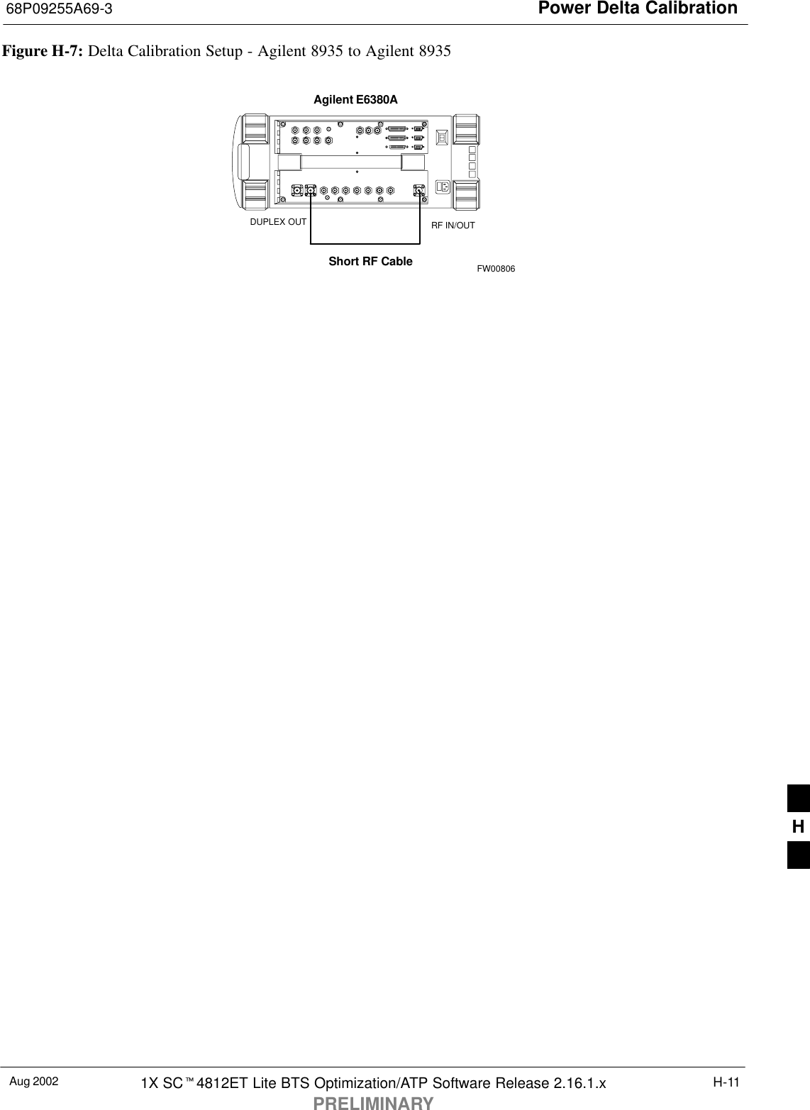 Power Delta Calibration68P09255A69-3Aug 2002 1X SC4812ET Lite BTS Optimization/ATP Software Release 2.16.1.xPRELIMINARYH-11Figure H-7: Delta Calibration Setup - Agilent 8935 to Agilent 8935Agilent E6380AShort RF CableDUPLEX OUT RF IN/OUTFW00806H