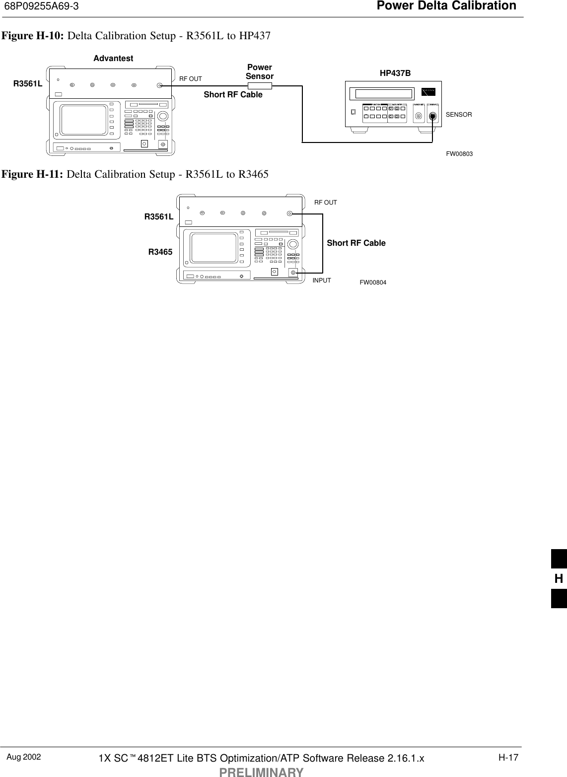 Power Delta Calibration68P09255A69-3Aug 2002 1X SC4812ET Lite BTS Optimization/ATP Software Release 2.16.1.xPRELIMINARYH-17Figure H-10: Delta Calibration Setup - R3561L to HP437Advantest PowerSensorRF OUTShort RF CableHP437BSENSORR3561LFW00803Figure H-11: Delta Calibration Setup - R3561L to R3465R3561LRF OUTINPUTShort RF CableR3465FW00804H