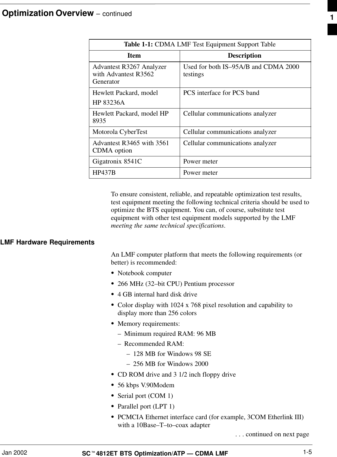 Optimization Overview – continuedJan 2002 1-5SCt4812ET BTS Optimization/ATP — CDMA LMFTable 1-1: CDMA LMF Test Equipment Support TableItem DescriptionAdvantest R3267 Analyzerwith Advantest R3562GeneratorUsed for both IS–95A/B and CDMA 2000testingsHewlett Packard, modelHP 83236APCS interface for PCS bandHewlett Packard, model HP8935 Cellular communications analyzerMotorola CyberTest Cellular communications analyzerAdvantest R3465 with 3561CDMA option Cellular communications analyzerGigatronix 8541C Power meterHP437B Power meter To ensure consistent, reliable, and repeatable optimization test results,test equipment meeting the following technical criteria should be used tooptimize the BTS equipment. You can, of course, substitute testequipment with other test equipment models supported by the LMFmeeting the same technical specifications.LMF Hardware RequirementsAn LMF computer platform that meets the following requirements (orbetter) is recommended:SNotebook computerS266 MHz (32–bit CPU) Pentium processorS4 GB internal hard disk driveSColor display with 1024 x 768 pixel resolution and capability todisplay more than 256 colorsSMemory requirements:–Minimum required RAM: 96 MB–Recommended RAM:–128 MB for Windows 98 SE–256 MB for Windows 2000SCD ROM drive and 3 1/2 inch floppy driveS56 kbps V.90ModemSSerial port (COM 1)SParallel port (LPT 1)SPCMCIA Ethernet interface card (for example, 3COM Etherlink III)with a 10Base–T–to–coax adapter . . . continued on next page1