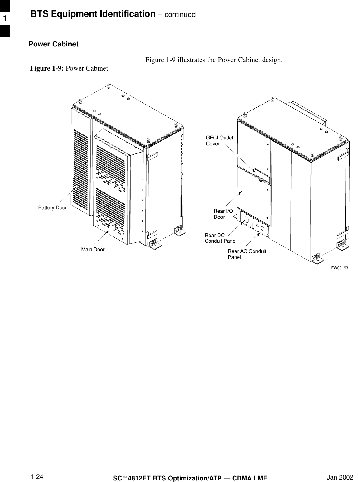 BTS Equipment Identification – continuedSCt4812ET BTS Optimization/ATP — CDMA LMF Jan 20021-24Power CabinetFigure 1-9 illustrates the Power Cabinet design.Figure 1-9: Power CabinetGFCI OutletCoverRear I/ODoorRear AC ConduitPanelBattery DoorMain DoorRear DCConduit PanelFW001931