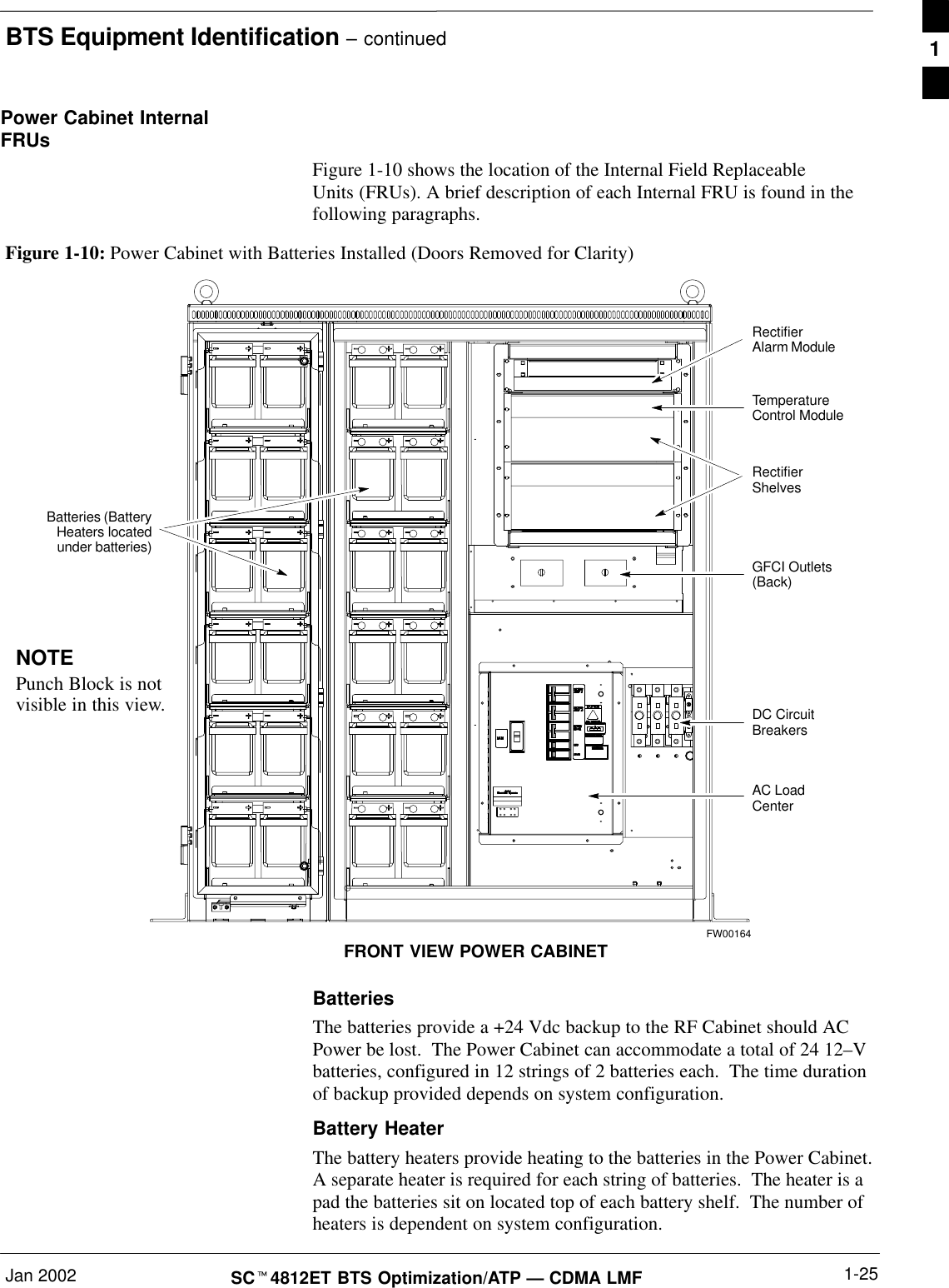 BTS Equipment Identification – continuedJan 2002 1-25SCt4812ET BTS Optimization/ATP — CDMA LMFPower Cabinet InternalFRUsFigure 1-10 shows the location of the Internal Field ReplaceableUnits (FRUs). A brief description of each Internal FRU is found in thefollowing paragraphs.Figure 1-10: Power Cabinet with Batteries Installed (Doors Removed for Clarity)NOTEPunch Block is notvisible in this view.RectifierShelvesRectifierAlarm ModuleDC CircuitBreakersAC LoadCenterGFCI Outlets(Back)TemperatureControl ModuleFRONT VIEW POWER CABINETBatteries (BatteryHeaters locatedunder batteries)FW00164BatteriesThe batteries provide a +24 Vdc backup to the RF Cabinet should ACPower be lost.  The Power Cabinet can accommodate a total of 24 12–Vbatteries, configured in 12 strings of 2 batteries each.  The time durationof backup provided depends on system configuration.Battery HeaterThe battery heaters provide heating to the batteries in the Power Cabinet.A separate heater is required for each string of batteries.  The heater is apad the batteries sit on located top of each battery shelf.  The number ofheaters is dependent on system configuration.1