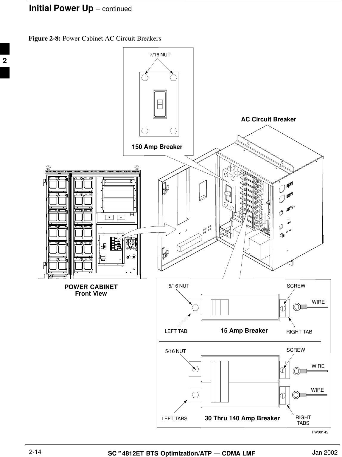 Initial Power Up – continuedSCt4812ET BTS Optimization/ATP — CDMA LMF Jan 20022-1415 Amp Breaker5/16 NUTLEFT TABSCREWWIRERIGHT TAB30 Thru 140 Amp BreakerFigure 2-8: Power Cabinet AC Circuit Breakers150 Amp Breaker7/16 NUTPOWER CABINETFront ViewAC Circuit BreakerFW00145SCREWWIRERIGHTTABSWIRE5/16 NUTLEFT TABS2