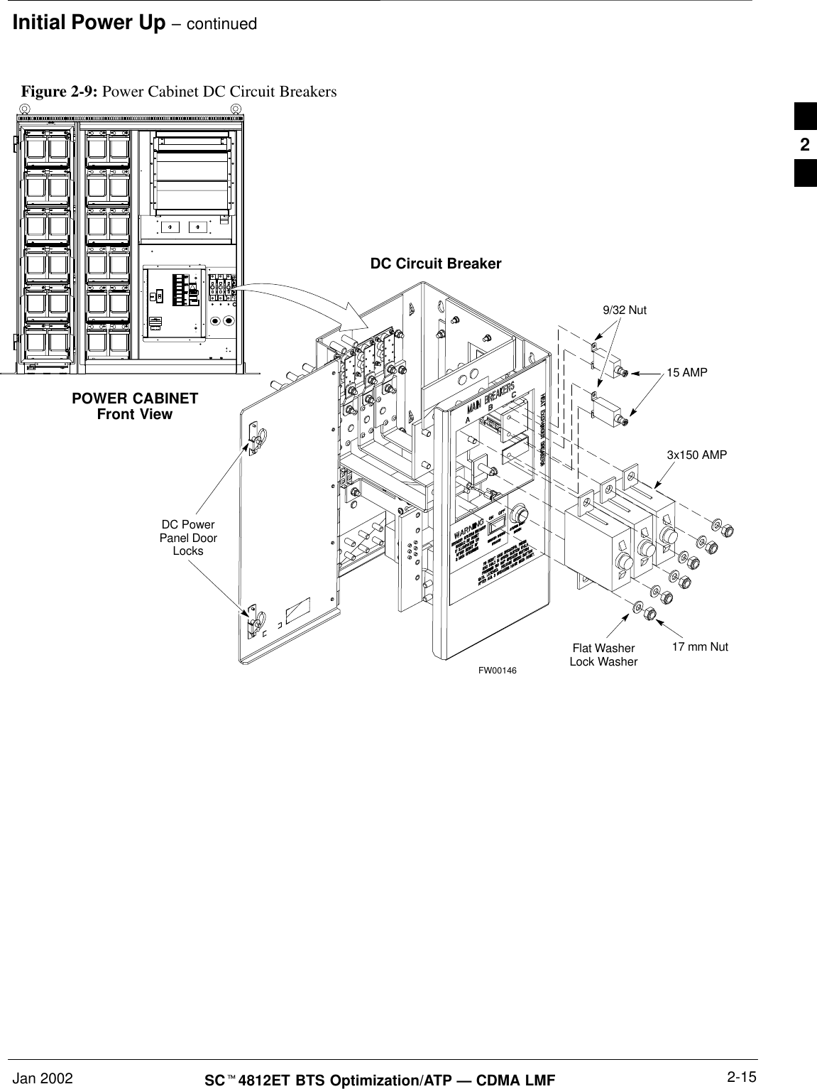 Initial Power Up – continuedJan 2002 2-15SCt4812ET BTS Optimization/ATP — CDMA LMFFigure 2-9: Power Cabinet DC Circuit BreakersPOWER CABINETFront ViewDC Circuit BreakerFW0014615 AMP3x150 AMPFlat WasherLock Washer 17 mm NutDC PowerPanel DoorLocks9/32 Nut2