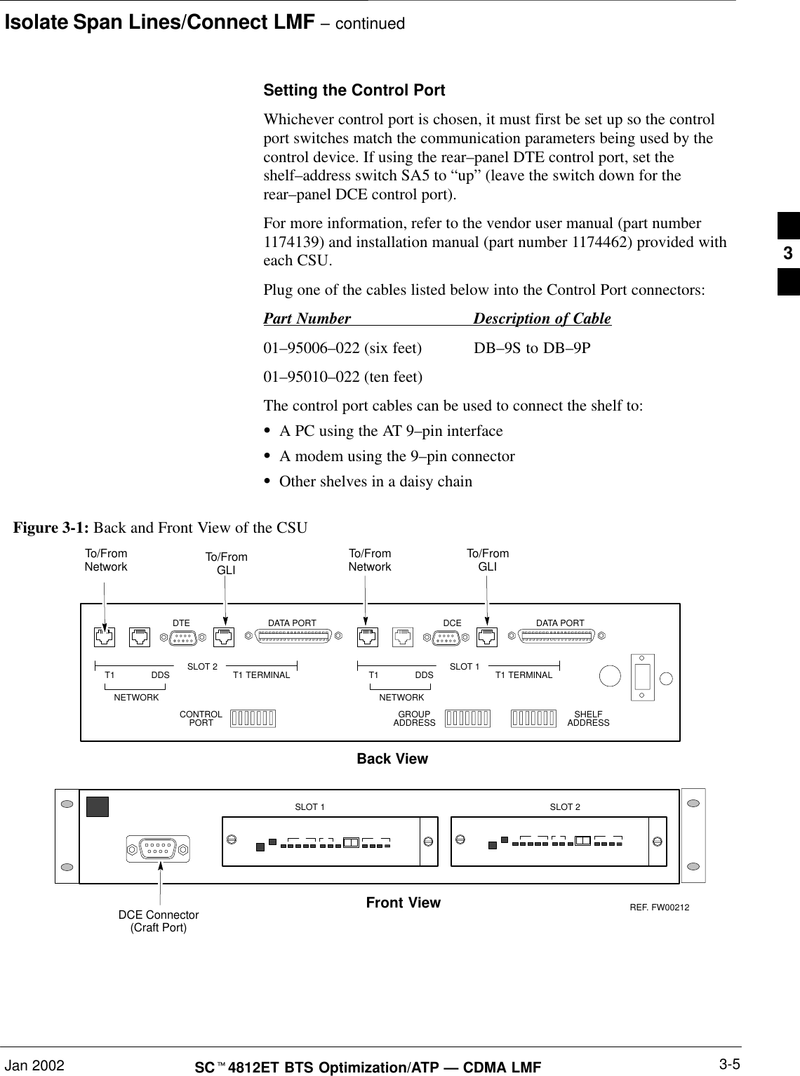 Isolate Span Lines/Connect LMF – continuedJan 2002 3-5SCt4812ET BTS Optimization/ATP — CDMA LMFSetting the Control PortWhichever control port is chosen, it must first be set up so the controlport switches match the communication parameters being used by thecontrol device. If using the rear–panel DTE control port, set theshelf–address switch SA5 to “up” (leave the switch down for therear–panel DCE control port).For more information, refer to the vendor user manual (part number1174139) and installation manual (part number 1174462) provided witheach CSU.Plug one of the cables listed below into the Control Port connectors:Part Number Description of Cable01–95006–022 (six feet) DB–9S to DB–9P01–95010–022 (ten feet)The control port cables can be used to connect the shelf to:SA PC using the AT 9–pin interfaceSA modem using the 9–pin connectorSOther shelves in a daisy chainFigure 3-1: Back and Front View of the CSUREF. FW00212Front ViewSLOT 1 SLOT 2DCE Connector(Craft Port)SLOT 1SLOT 2 T1 TERMINAL T1 TERMINALCONTROLPORT GROUPADDRESS SHELFADDRESST1 DDS T1 DDSDTE DCEDATA PORT DATA PORTBack ViewNETWORK NETWORKTo/FromNetwork To/FromGLITo/FromNetwork To/FromGLI3