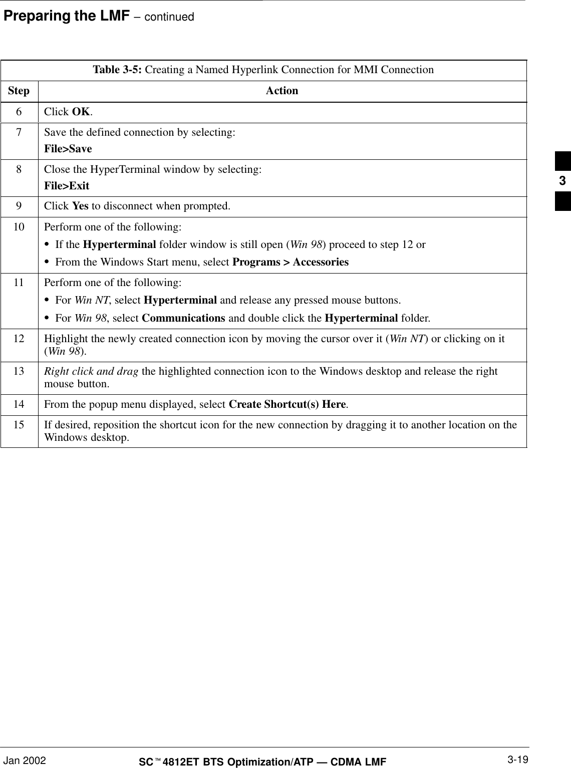 Preparing the LMF – continuedJan 2002 3-19SCt4812ET BTS Optimization/ATP — CDMA LMFTable 3-5: Creating a Named Hyperlink Connection for MMI ConnectionStep Action6 Click OK.7Save the defined connection by selecting:File&gt;Save8Close the HyperTerminal window by selecting:File&gt;Exit9 Click Yes to disconnect when prompted.10 Perform one of the following:SIf the Hyperterminal folder window is still open (Win 98) proceed to step 12 orSFrom the Windows Start menu, select Programs &gt; Accessories11 Perform one of the following:SFor Win NT, select Hyperterminal and release any pressed mouse buttons.SFor Win 98, select Communications and double click the Hyperterminal folder.12 Highlight the newly created connection icon by moving the cursor over it (Win NT) or clicking on it(Win 98).13 Right click and drag the highlighted connection icon to the Windows desktop and release the rightmouse button.14 From the popup menu displayed, select Create Shortcut(s) Here.15 If desired, reposition the shortcut icon for the new connection by dragging it to another location on theWindows desktop. 3