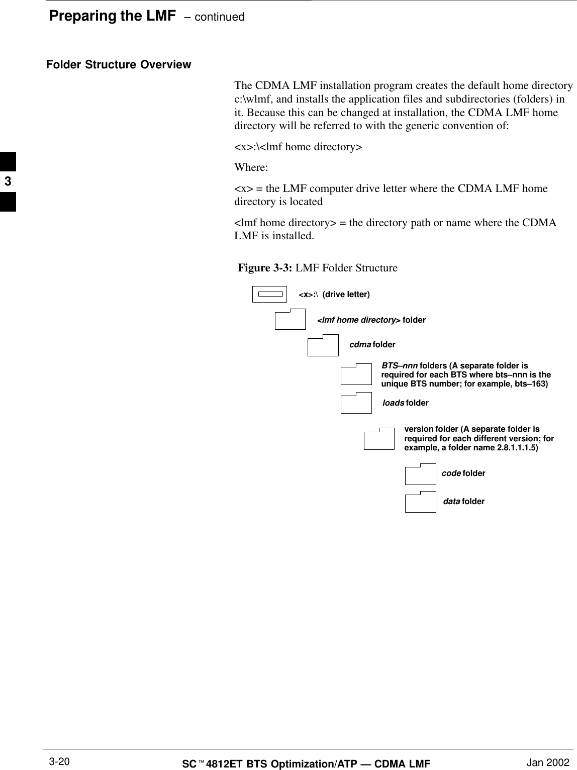 Preparing the LMF  – continuedSCt4812ET BTS Optimization/ATP — CDMA LMF Jan 20023-20Folder Structure OverviewThe CDMA LMF installation program creates the default home directoryc:\wlmf, and installs the application files and subdirectories (folders) init. Because this can be changed at installation, the CDMA LMF homedirectory will be referred to with the generic convention of:&lt;x&gt;:\&lt;lmf home directory&gt;Where:&lt;x&gt; = the LMF computer drive letter where the CDMA LMF homedirectory is located&lt;lmf home directory&gt; = the directory path or name where the CDMALMF is installed.Figure 3-3: LMF Folder Structureversion folder (A separate folder isrequired for each different version; forexample, a folder name 2.8.1.1.1.5)loads folder&lt;x&gt;:\  (drive letter)&lt;lmf home directory&gt; foldercdma foldercode folderdata folderBTS–nnn folders (A separate folder isrequired for each BTS where bts–nnn is theunique BTS number; for example, bts–163)3