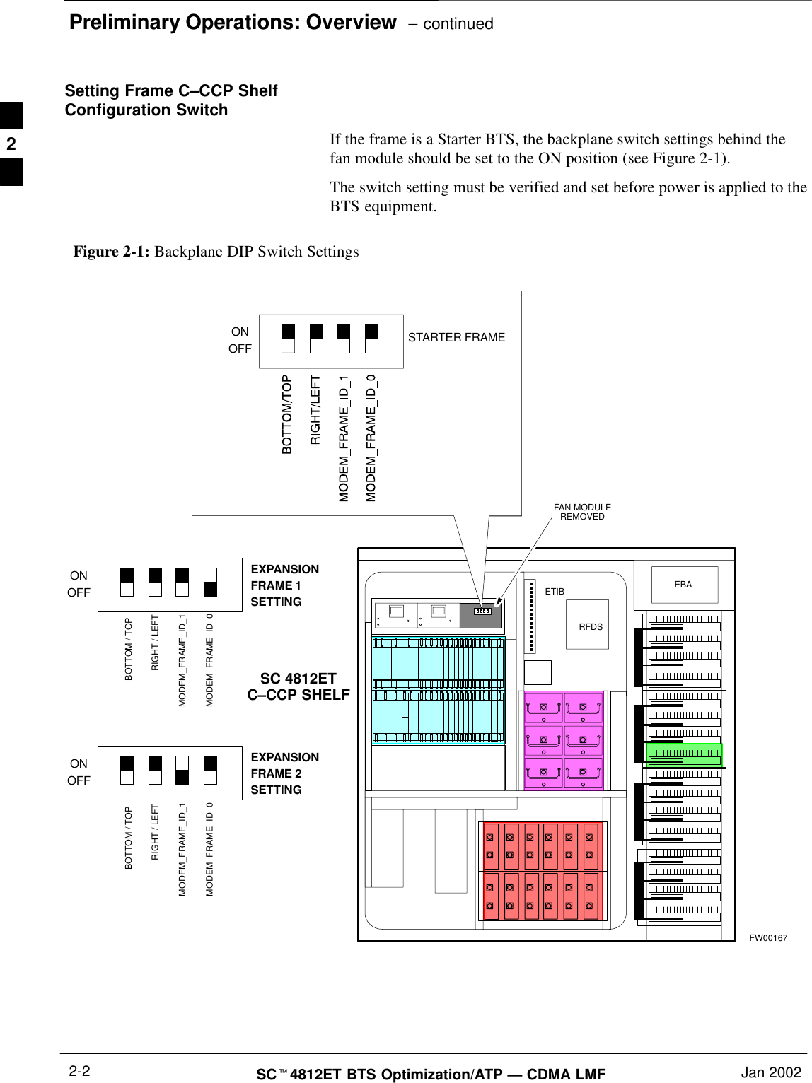 Preliminary Operations: Overview  – continuedSCt4812ET BTS Optimization/ATP — CDMA LMF Jan 20022-2Setting Frame C–CCP ShelfConfiguration SwitchIf the frame is a Starter BTS, the backplane switch settings behind thefan module should be set to the ON position (see Figure 2-1).The switch setting must be verified and set before power is applied to theBTS equipment.SC 4812ETC–CCP SHELFFAN MODULEREMOVED5 RU RACK SPACERFDSEBAETIBONOFF STARTER FRAMEFigure 2-1: Backplane DIP Switch SettingsFW00167ONOFFEXPANSIONFRAME 1SETTINGONOFFEXPANSIONFRAME 2SETTINGBOTTOM / TOPRIGHT / LEFTMODEM_FRAME_ID_1MODEM_FRAME_ID_0BOTTOM / TOPRIGHT / LEFTMODEM_FRAME_ID_1MODEM_FRAME_ID_02