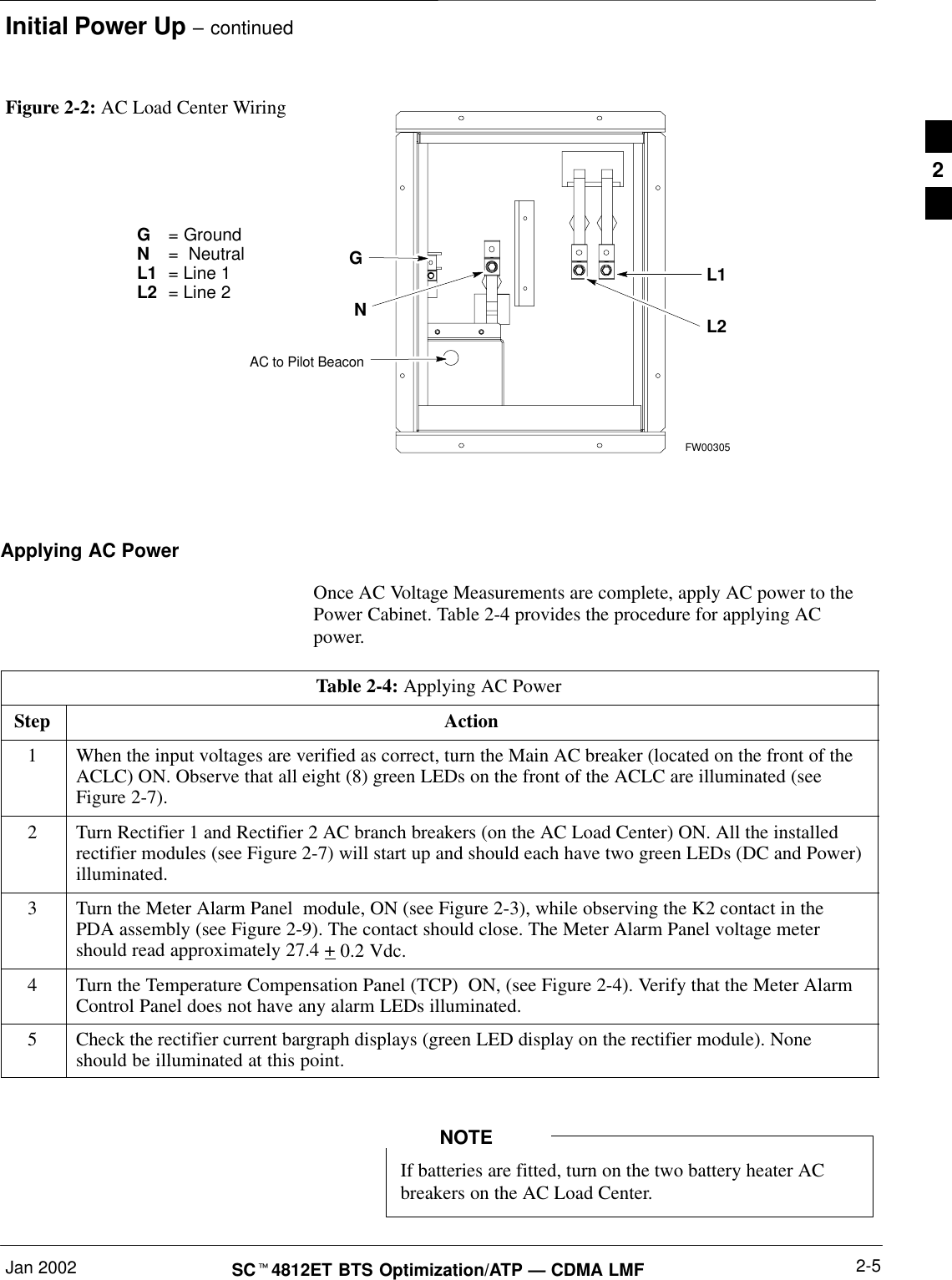 Initial Power Up – continuedJan 2002 2-5SCt4812ET BTS Optimization/ATP — CDMA LMFFigure 2-2: AC Load Center Wiring   G= GroundN  =  NeutralL1 = Line 1L2 = Line 2GNAC to Pilot BeaconL2L1FW00305Applying AC PowerOnce AC Voltage Measurements are complete, apply AC power to thePower Cabinet. Table 2-4 provides the procedure for applying ACpower.Table 2-4: Applying AC PowerStep Action1When the input voltages are verified as correct, turn the Main AC breaker (located on the front of theACLC) ON. Observe that all eight (8) green LEDs on the front of the ACLC are illuminated (seeFigure 2-7).2Turn Rectifier 1 and Rectifier 2 AC branch breakers (on the AC Load Center) ON. All the installedrectifier modules (see Figure 2-7) will start up and should each have two green LEDs (DC and Power)illuminated.3Turn the Meter Alarm Panel  module, ON (see Figure 2-3), while observing the K2 contact in thePDA assembly (see Figure 2-9). The contact should close. The Meter Alarm Panel voltage metershould read approximately 27.4 + 0.2 Vdc.4Turn the Temperature Compensation Panel (TCP)  ON, (see Figure 2-4). Verify that the Meter AlarmControl Panel does not have any alarm LEDs illuminated.5Check the rectifier current bargraph displays (green LED display on the rectifier module). Noneshould be illuminated at this point.If batteries are fitted, turn on the two battery heater ACbreakers on the AC Load Center.NOTE2