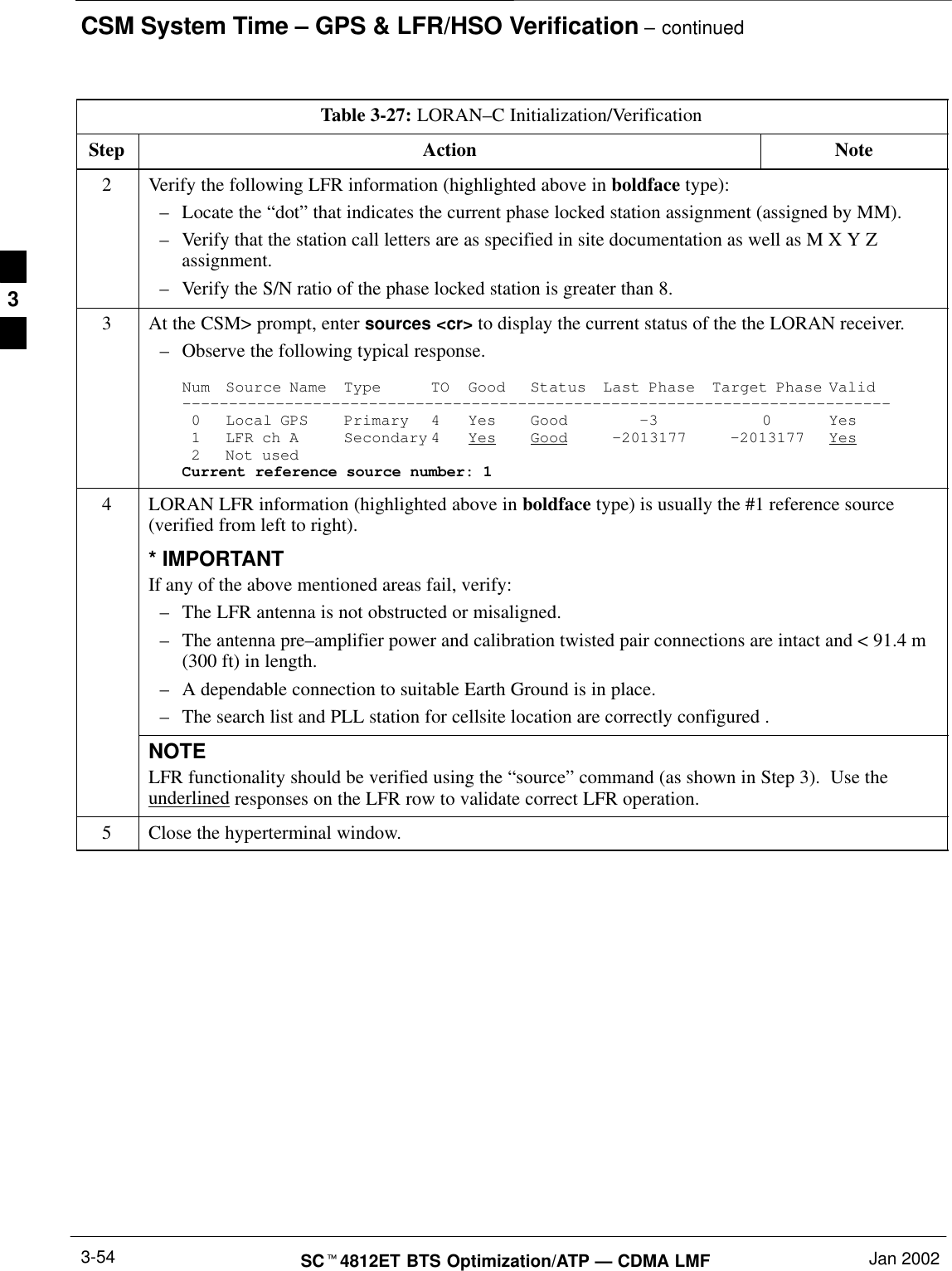 CSM System Time – GPS &amp; LFR/HSO Verification – continuedSCt4812ET BTS Optimization/ATP — CDMA LMF Jan 20023-54Table 3-27: LORAN–C Initialization/VerificationStep NoteAction2Verify the following LFR information (highlighted above in boldface type):–Locate the “dot” that indicates the current phase locked station assignment (assigned by MM).–Verify that the station call letters are as specified in site documentation as well as M X Y Zassignment.–Verify the S/N ratio of the phase locked station is greater than 8.3At the CSM&gt; prompt, enter sources &lt;cr&gt; to display the current status of the the LORAN receiver.–Observe the following typical response.Num Source Name Type TO Good Status Last Phase Target Phase Valid––––––––––––––––––––––––––––––––––––––––––––––––––––––––––––––––––––––––––––0 Local GPS Primary 4 Yes Good –3 0 Yes1 LFR ch A Secondary 4 Yes Good –2013177 –2013177 Yes2 Not usedCurrent reference source number: 14LORAN LFR information (highlighted above in boldface type) is usually the #1 reference source(verified from left to right).* IMPORTANTIf any of the above mentioned areas fail, verify:–The LFR antenna is not obstructed or misaligned.–The antenna pre–amplifier power and calibration twisted pair connections are intact and &lt; 91.4 m(300 ft) in length.–A dependable connection to suitable Earth Ground is in place.–The search list and PLL station for cellsite location are correctly configured .NOTELFR functionality should be verified using the “source” command (as shown in Step 3).  Use theunderlined responses on the LFR row to validate correct LFR operation.5Close the hyperterminal window. 3