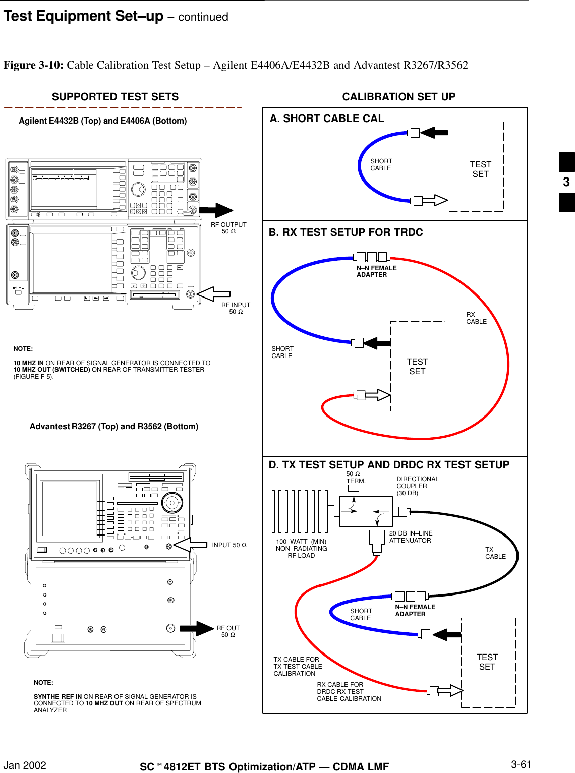 Test Equipment Set–up – continuedJan 2002 3-61SCt4812ET BTS Optimization/ATP — CDMA LMFTESTSETA. SHORT CABLE CALSHORTCABLEB. RX TEST SETUP FOR TRDCCALIBRATION SET UPTESTSETRXCABLESHORTCABLEN–N FEMALEADAPTERFigure 3-10: Cable Calibration Test Setup – Agilent E4406A/E4432B and Advantest R3267/R3562SUPPORTED TEST SETSINPUT 50 ΩRF OUT50 ΩAdvantest R3267 (Top) and R3562 (Bottom)NOTE:SYNTHE REF IN ON REAR OF SIGNAL GENERATOR ISCONNECTED TO 10 MHZ OUT ON REAR OF SPECTRUMANALYZERAgilent E4432B (Top) and E4406A (Bottom)NOTE:10 MHZ IN ON REAR OF SIGNAL GENERATOR IS CONNECTED TO10 MHZ OUT (SWITCHED) ON REAR OF TRANSMITTER TESTER(FIGURE F-5).RF INPUT50 ΩRF OUTPUT50 Ω100–WATT  (MIN)NON–RADIATINGRF LOADTESTSETD. TX TEST SETUP AND DRDC RX TEST SETUP20 DB IN–LINEATTENUATORN–N FEMALEADAPTERTXCABLESHORTCABLEDIRECTIONALCOUPLER (30 DB)50 ΩΤERM.TX CABLE FORTX TEST CABLECALIBRATIONRX CABLE FORDRDC RX TESTCABLE CALIBRATION3