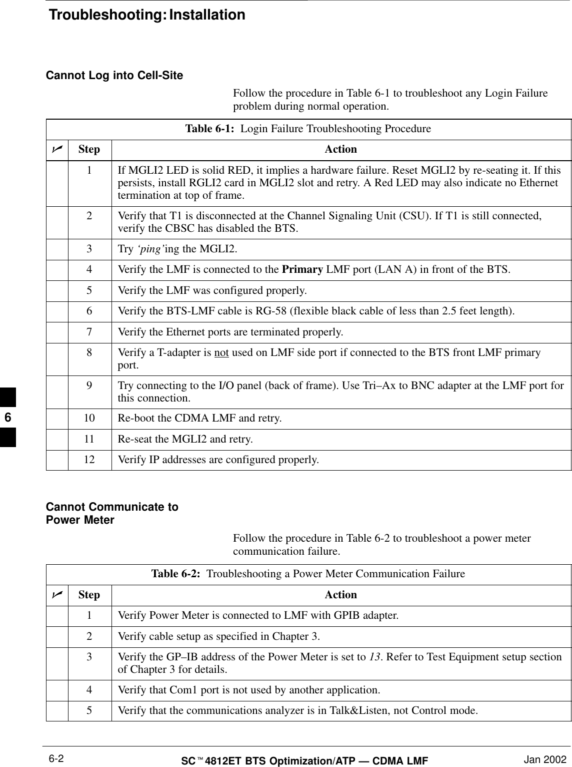 Troubleshooting: InstallationSC4812ET BTS Optimization/ATP — CDMA LMF Jan 20026-2Cannot Log into Cell-SiteFollow the procedure in Table 6-1 to troubleshoot any Login Failureproblem during normal operation.Table 6-1:  Login Failure Troubleshooting ProcedureStep Action1If MGLI2 LED is solid RED, it implies a hardware failure. Reset MGLI2 by re-seating it. If thispersists, install RGLI2 card in MGLI2 slot and retry. A Red LED may also indicate no Ethernettermination at top of frame.2Verify that T1 is disconnected at the Channel Signaling Unit (CSU). If T1 is still connected,verify the CBSC has disabled the BTS.3Try ‘ping’ing the MGLI2.4Verify the LMF is connected to the Primary LMF port (LAN A) in front of the BTS.5Verify the LMF was configured properly.6Verify the BTS-LMF cable is RG-58 (flexible black cable of less than 2.5 feet length).7Verify the Ethernet ports are terminated properly.8Verify a T-adapter is not used on LMF side port if connected to the BTS front LMF primaryport.9Try connecting to the I/O panel (back of frame). Use Tri–Ax to BNC adapter at the LMF port forthis connection.10 Re-boot the CDMA LMF and retry.11 Re-seat the MGLI2 and retry.12 Verify IP addresses are configured properly. Cannot Communicate toPower MeterFollow the procedure in Table 6-2 to troubleshoot a power metercommunication failure.Table 6-2:  Troubleshooting a Power Meter Communication FailureStep Action1Verify Power Meter is connected to LMF with GPIB adapter.2Verify cable setup as specified in Chapter 3.3Verify the GP–IB address of the Power Meter is set to 13. Refer to Test Equipment setup sectionof Chapter 3 for details.4Verify that Com1 port is not used by another application.5Verify that the communications analyzer is in Talk&amp;Listen, not Control mode. 6