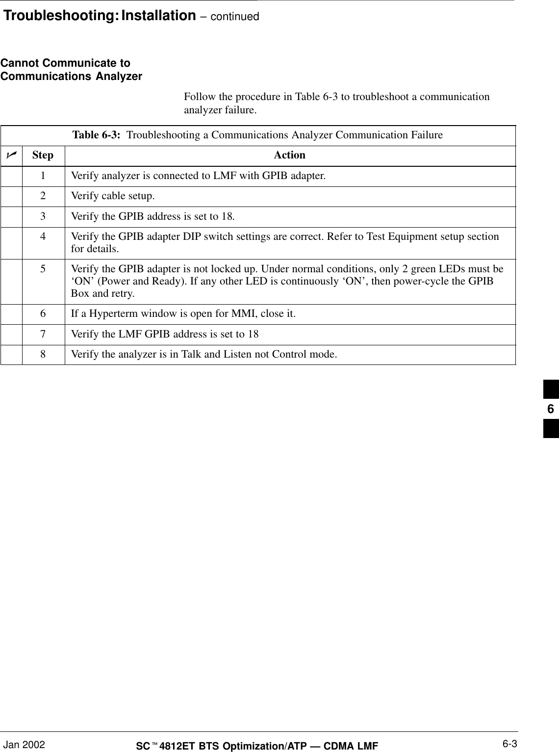 Troubleshooting: Installation – continuedJan 2002 6-3SC4812ET BTS Optimization/ATP — CDMA LMFCannot Communicate toCommunications AnalyzerFollow the procedure in Table 6-3 to troubleshoot a communicationanalyzer failure.Table 6-3:  Troubleshooting a Communications Analyzer Communication FailureStep Action1Verify analyzer is connected to LMF with GPIB adapter.2Verify cable setup.3Verify the GPIB address is set to 18.4Verify the GPIB adapter DIP switch settings are correct. Refer to Test Equipment setup sectionfor details.5Verify the GPIB adapter is not locked up. Under normal conditions, only 2 green LEDs must be‘ON’ (Power and Ready). If any other LED is continuously ‘ON’, then power-cycle the GPIBBox and retry.6If a Hyperterm window is open for MMI, close it.7Verify the LMF GPIB address is set to 188Verify the analyzer is in Talk and Listen not Control mode. 6