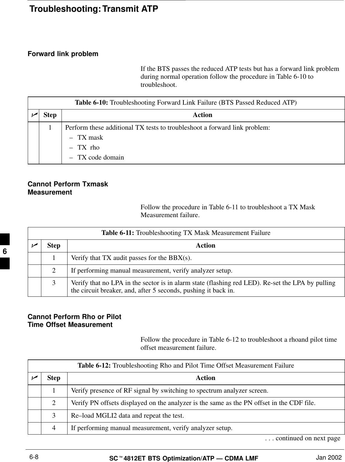 Troubleshooting: Transmit ATPSC4812ET BTS Optimization/ATP — CDMA LMF Jan 20026-8Forward link problemIf the BTS passes the reduced ATP tests but has a forward link problemduring normal operation follow the procedure in Table 6-10 totroubleshoot.Table 6-10: Troubleshooting Forward Link Failure (BTS Passed Reduced ATP)Step Action1Perform these additional TX tests to troubleshoot a forward link problem:–TX mask–TX  rho–TX code domainCannot Perform TxmaskMeasurementFollow the procedure in Table 6-11 to troubleshoot a TX MaskMeasurement failure.Table 6-11: Troubleshooting TX Mask Measurement FailureStep Action1Verify that TX audit passes for the BBX(s).2If performing manual measurement, verify analyzer setup.3Verify that no LPA in the sector is in alarm state (flashing red LED). Re-set the LPA by pullingthe circuit breaker, and, after 5 seconds, pushing it back in.Cannot Perform Rho or PilotTime Offset MeasurementFollow the procedure in Table 6-12 to troubleshoot a rhoand pilot timeoffset measurement failure.Table 6-12: Troubleshooting Rho and Pilot Time Offset Measurement FailureStep Action1Verify presence of RF signal by switching to spectrum analyzer screen.2Verify PN offsets displayed on the analyzer is the same as the PN offset in the CDF file.3 Re–load MGLI2 data and repeat the test.4If performing manual measurement, verify analyzer setup.. . . continued on next page6