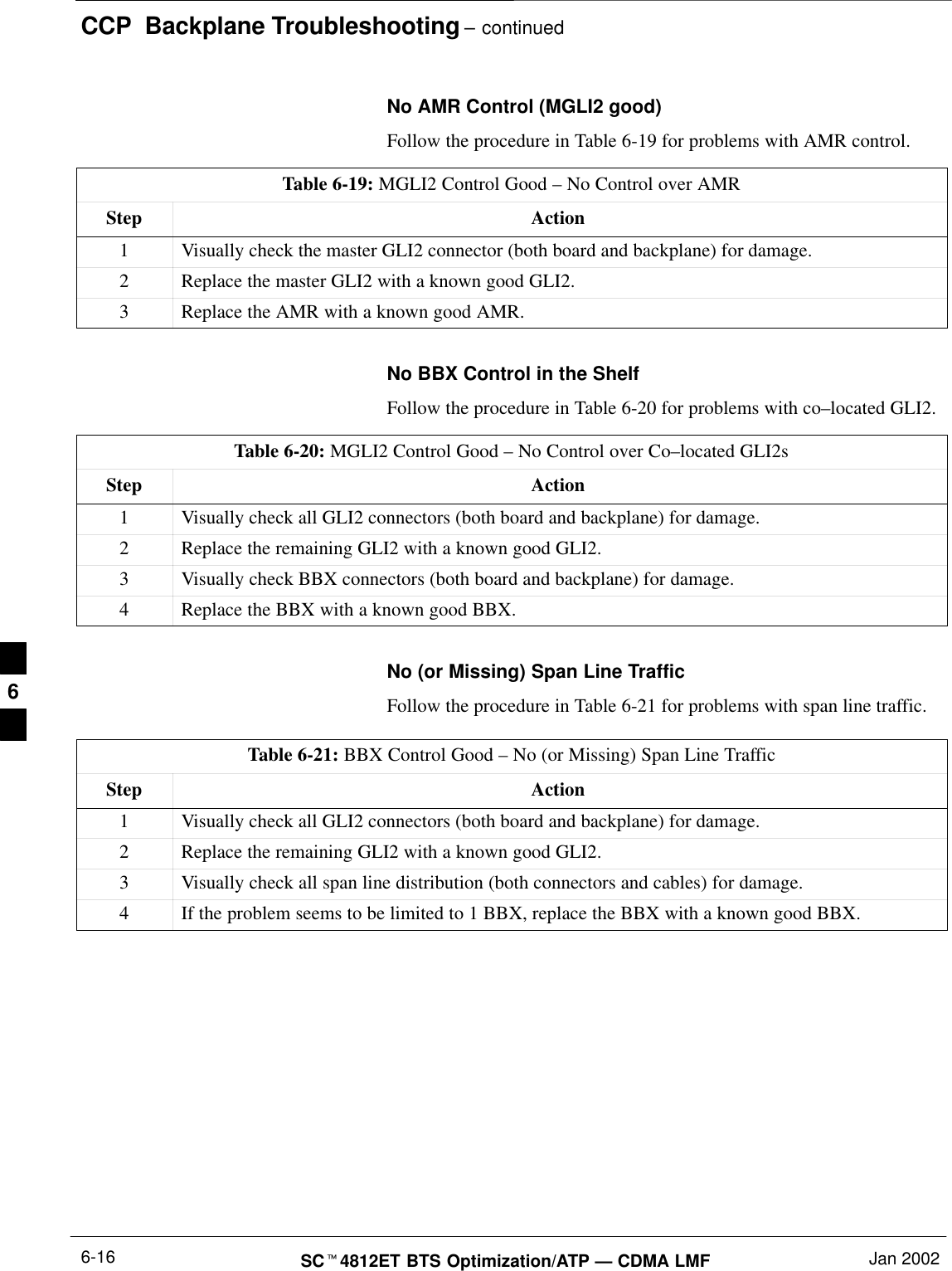 CCP  Backplane Troubleshooting – continuedSC4812ET BTS Optimization/ATP — CDMA LMF Jan 20026-16No AMR Control (MGLI2 good)Follow the procedure in Table 6-19 for problems with AMR control.Table 6-19: MGLI2 Control Good – No Control over AMRStep Action1Visually check the master GLI2 connector (both board and backplane) for damage.2Replace the master GLI2 with a known good GLI2.3Replace the AMR with a known good AMR.No BBX Control in the ShelfFollow the procedure in Table 6-20 for problems with co–located GLI2.Table 6-20: MGLI2 Control Good – No Control over Co–located GLI2sStep Action1Visually check all GLI2 connectors (both board and backplane) for damage.2Replace the remaining GLI2 with a known good GLI2.3Visually check BBX connectors (both board and backplane) for damage.4Replace the BBX with a known good BBX.No (or Missing) Span Line TrafficFollow the procedure in Table 6-21 for problems with span line traffic.Table 6-21: BBX Control Good – No (or Missing) Span Line TrafficStep Action1Visually check all GLI2 connectors (both board and backplane) for damage.2Replace the remaining GLI2 with a known good GLI2.3Visually check all span line distribution (both connectors and cables) for damage.4If the problem seems to be limited to 1 BBX, replace the BBX with a known good BBX.6